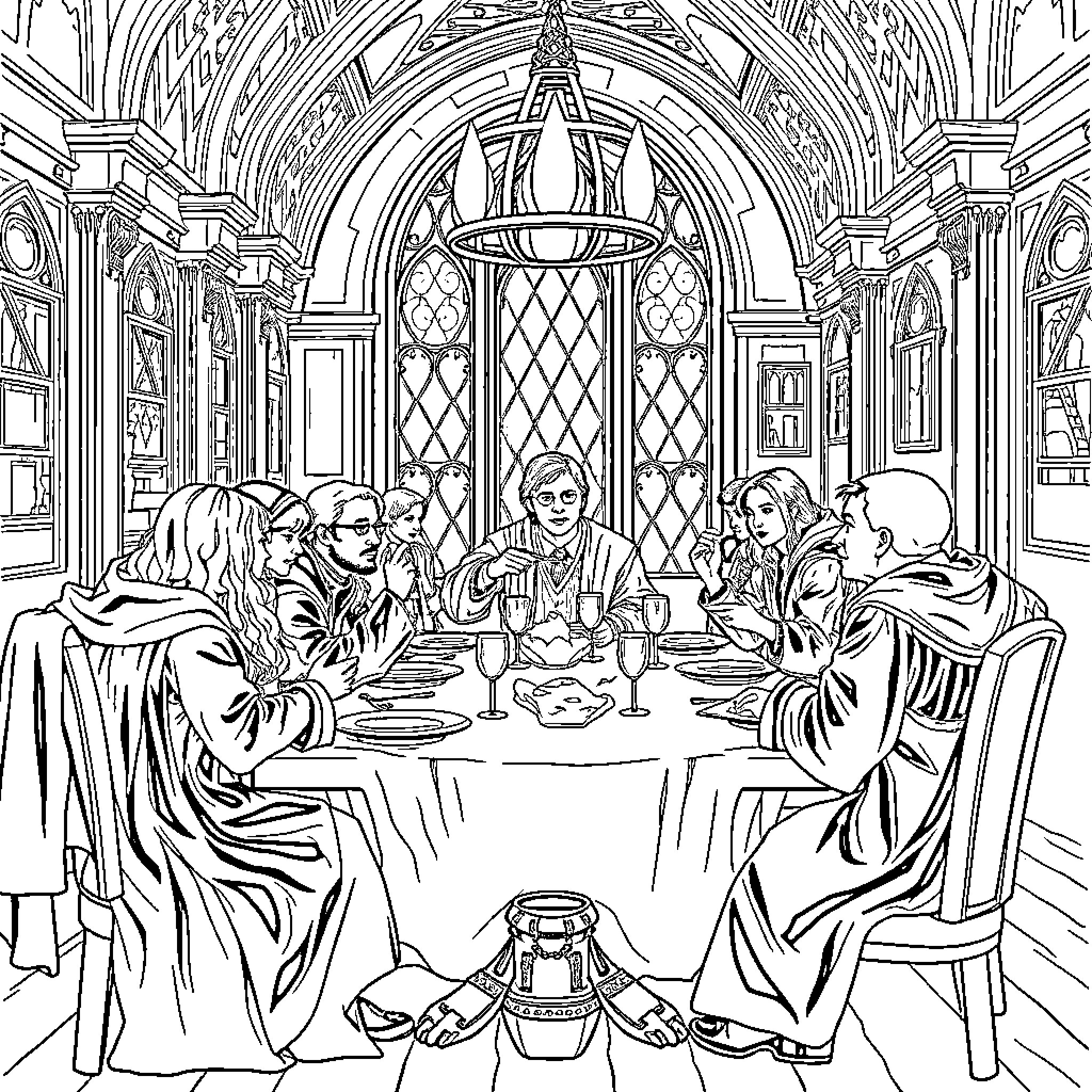 Dinner in a grand, ornate hall Coloring Page (free black-and-white line drawing printable PDF for all, from beginners to advanced learners, including children, teens, adults, and seniors)