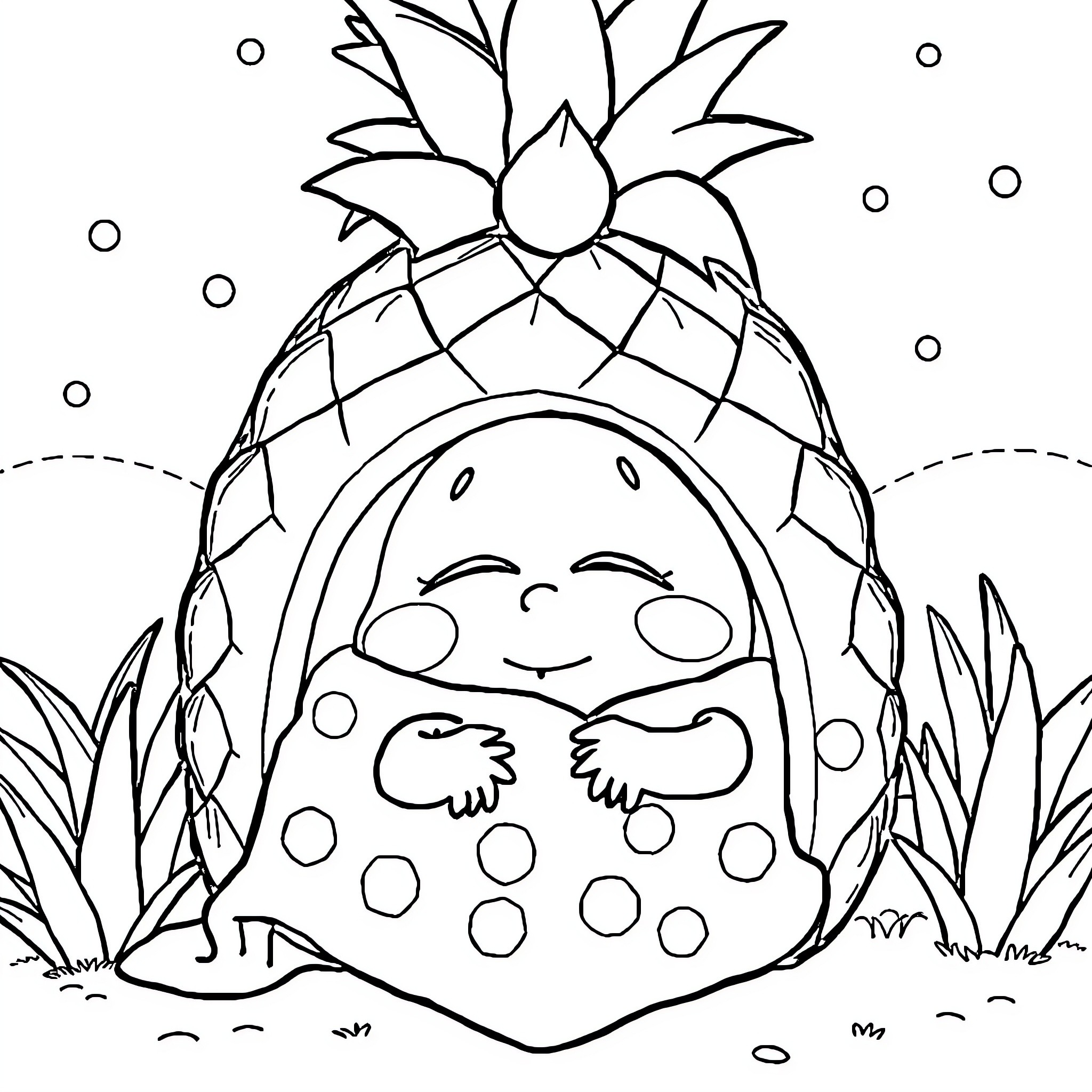 Bob esponja in a playful pineapple outfit Coloring Page (free black-and-white line drawing printable PDF for all, from beginners to advanced learners, including children, teens, adults, and seniors)