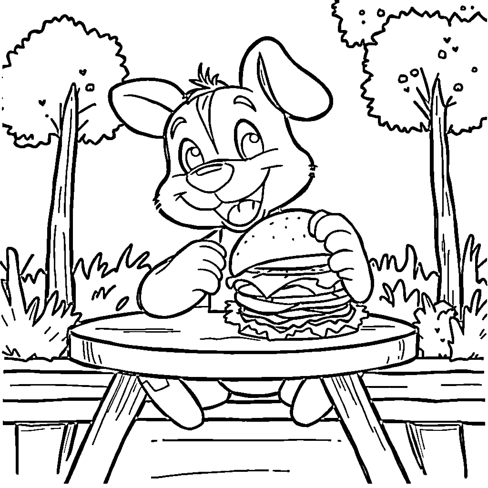 Bluey enjoys a tasty hamburger outdoors Coloring Page (free black-and-white line drawing printable PDF for all, from beginners to advanced learners, including children, teens, adults, and seniors)