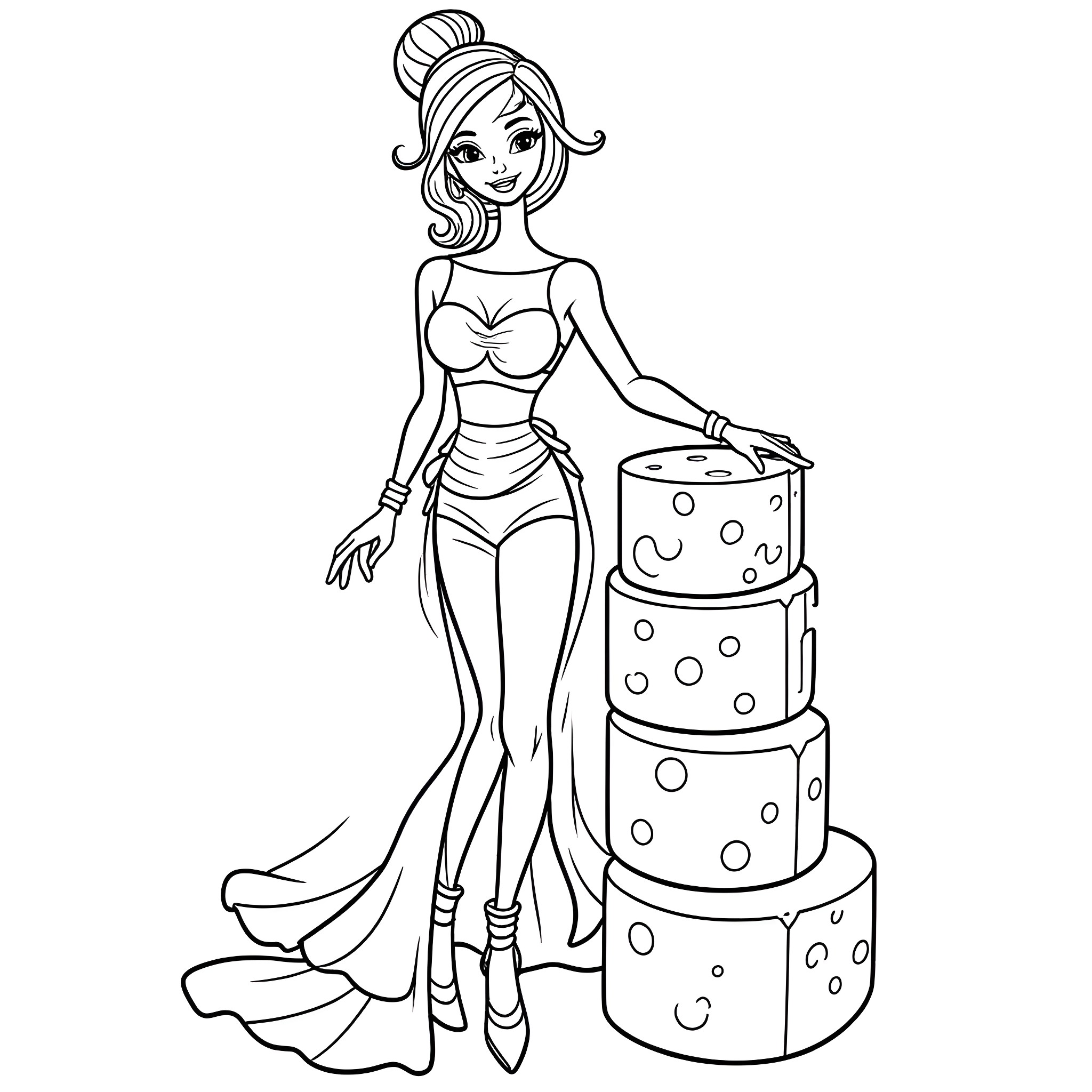 Lady posing elegantly with a tiered cake Coloring Page (free black-and-white line drawing printable PDF for all, from beginners to advanced learners, including children, teens, adults, and seniors)