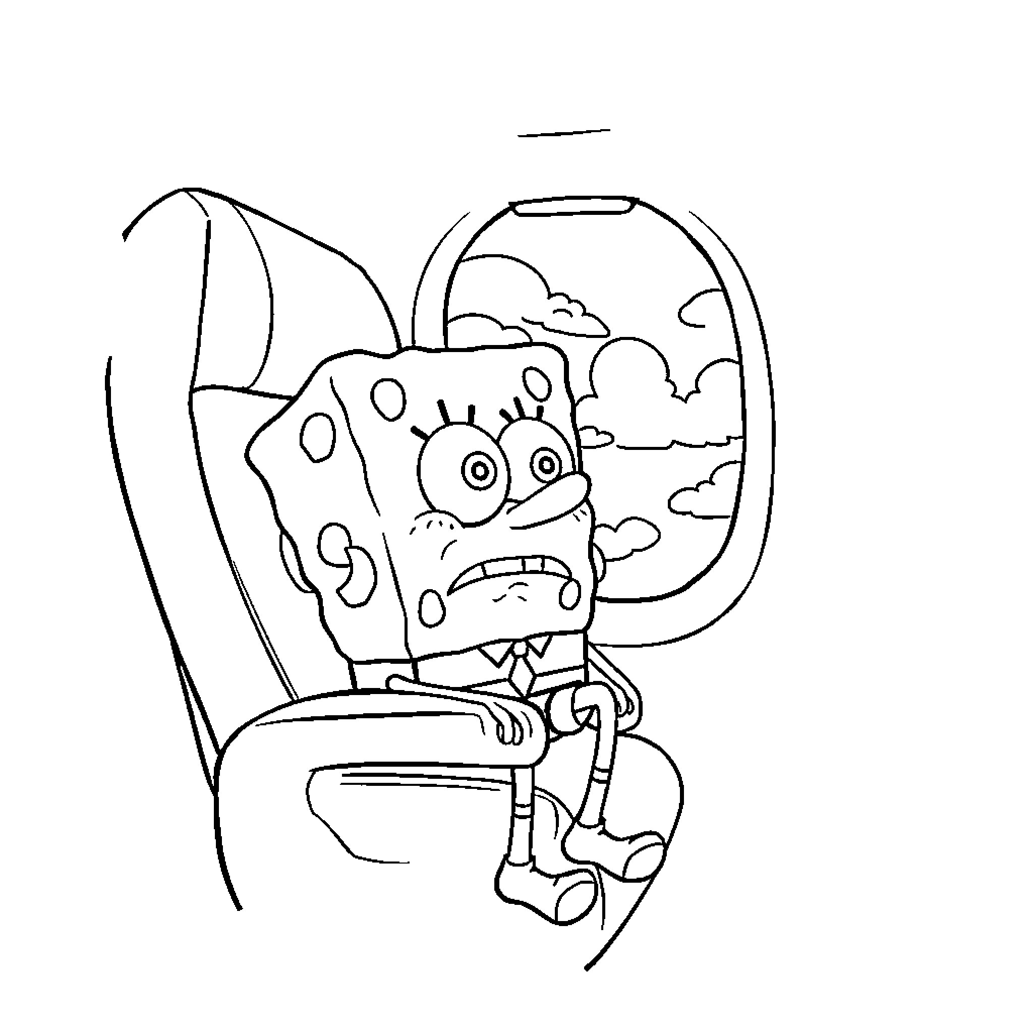 Spongebob in an unusual situation Coloring Page (free black-and-white line drawing printable PDF for all, from beginners to advanced learners, including children, teens, adults, and seniors)