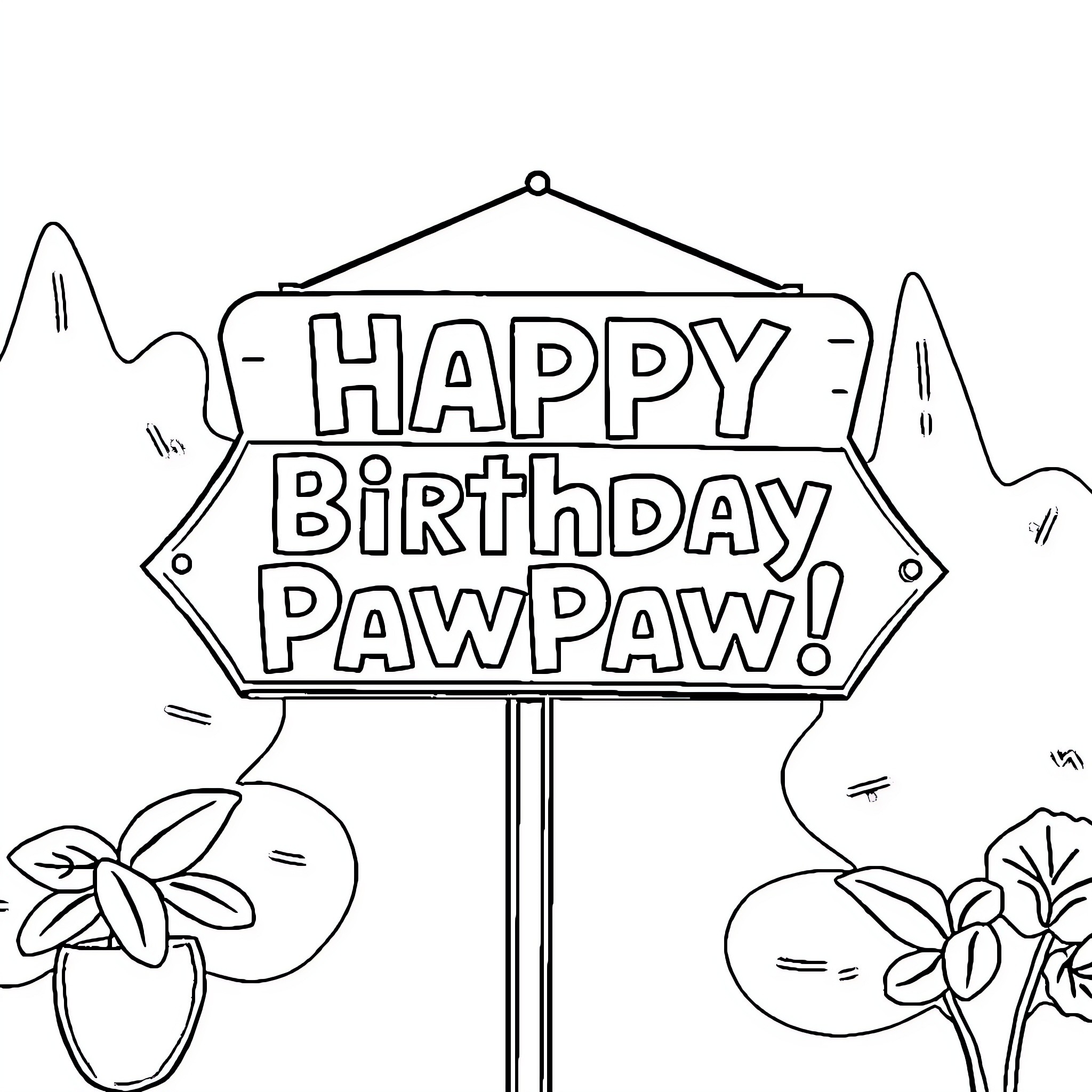 Birthday Celebration for Pawpaw Coloring Page (free black-and-white line drawing printable PDF for all, from beginners to advanced learners, including children, teens, adults, and seniors)