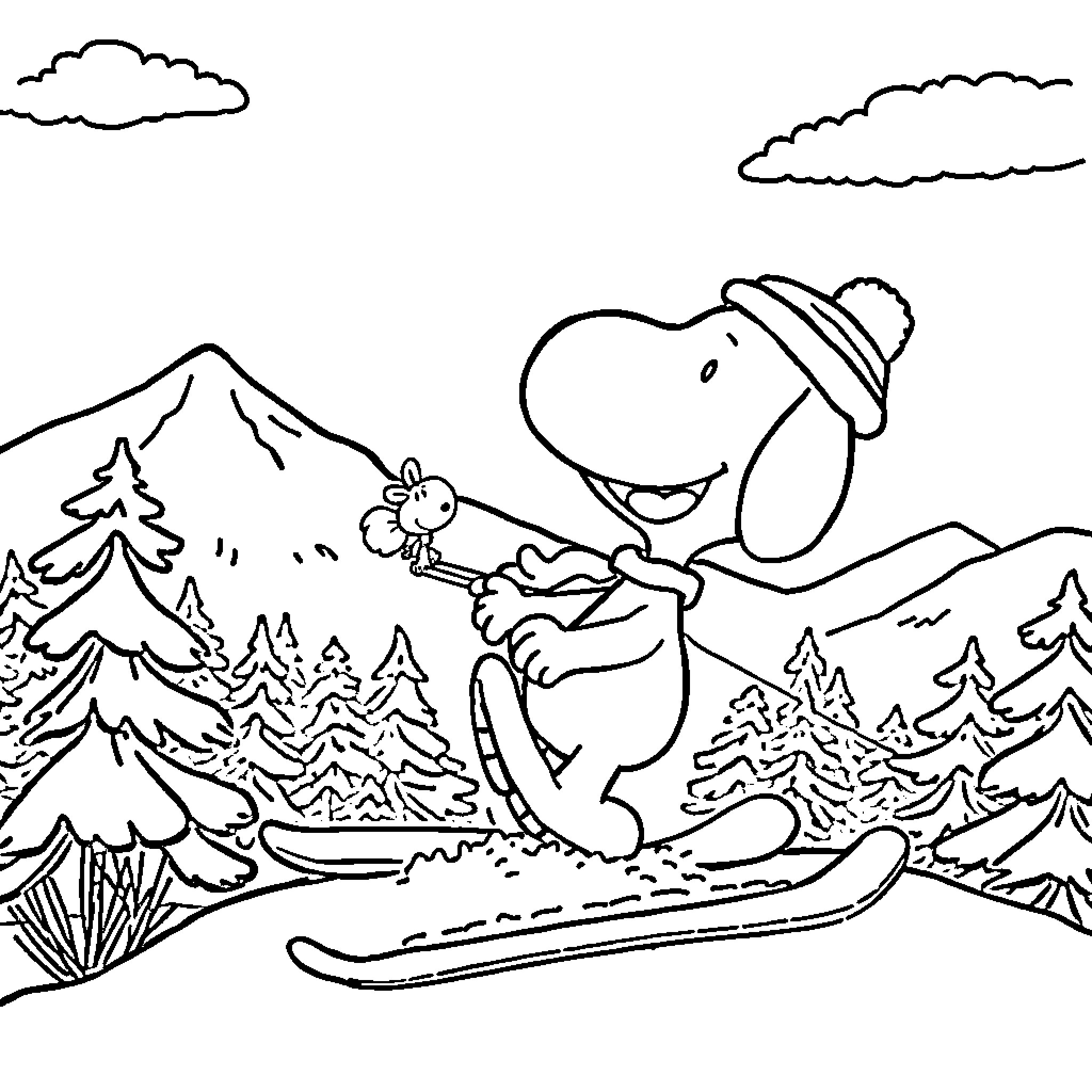 Snoopy skiing through winter wonderland Coloring Page (free black-and-white line drawing printable PDF for all, from beginners to advanced learners, including children, teens, adults, and seniors)