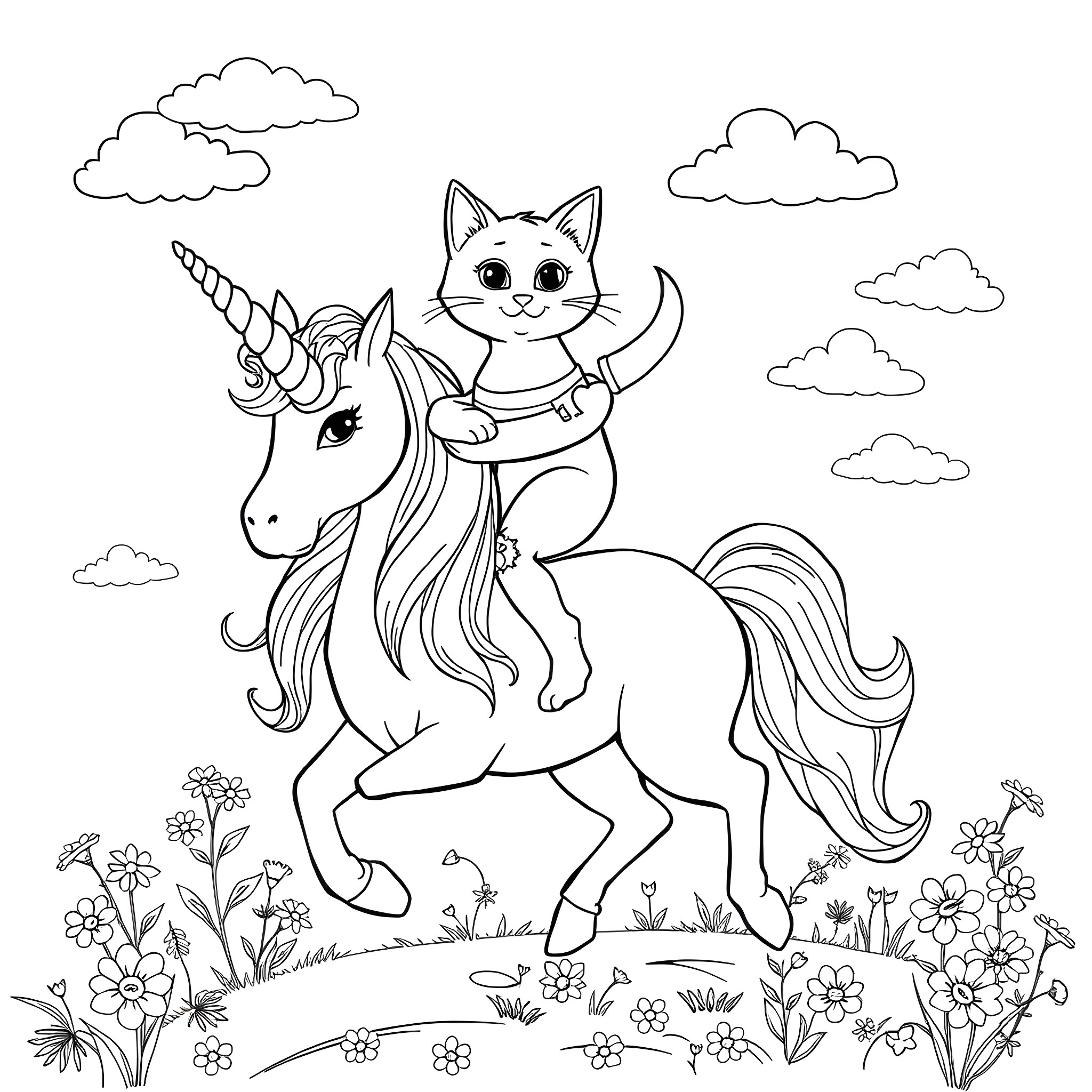 Cat riding a unicorn in a meadow Coloring Page (free black-and-white line drawing printable PDF for all, from beginners to advanced learners, including children, teens, adults, and seniors)