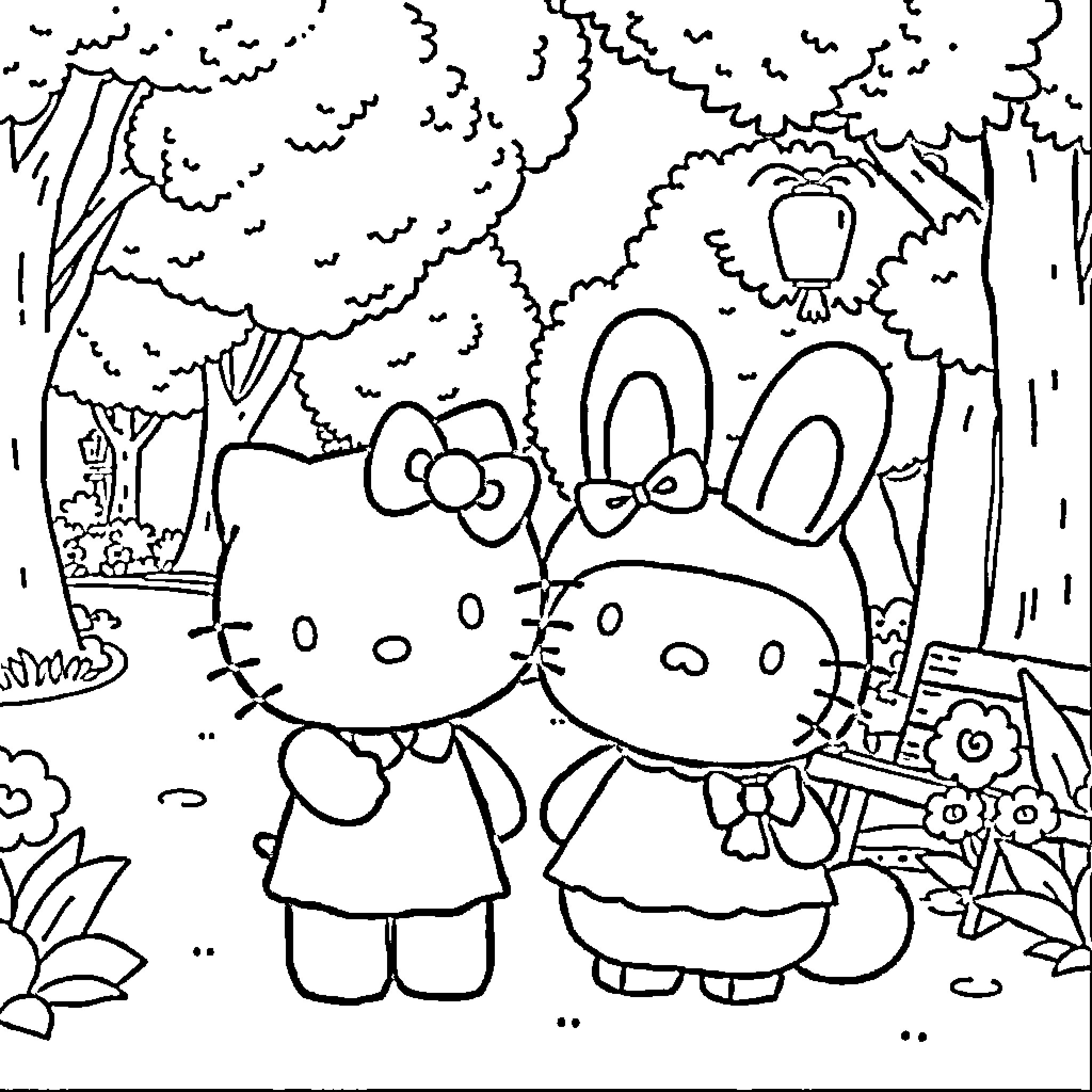 Hello Kitty and Bunny friends explore the forest Coloring Page (free black-and-white line drawing printable PDF for all, from beginners to advanced learners, including children, teens, adults, and seniors)