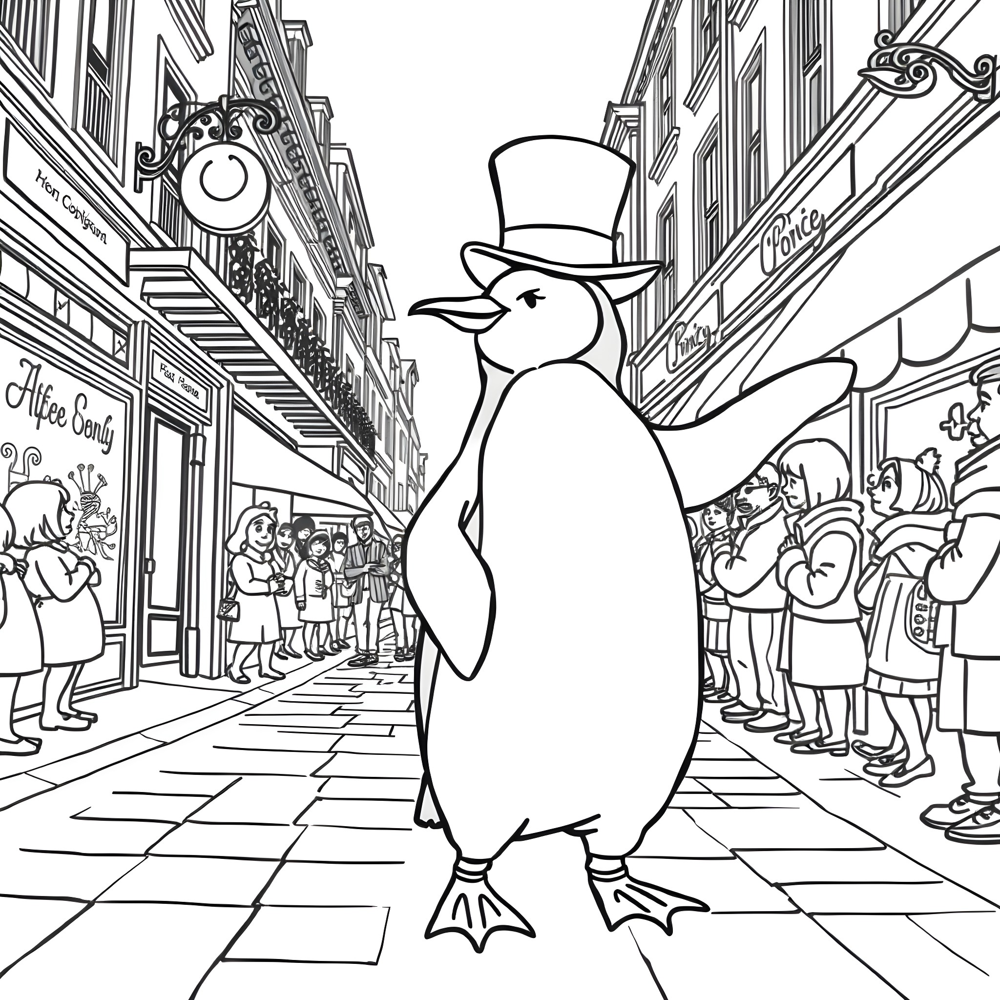 Penguin exploring the city streets Coloring Page (free black-and-white line drawing printable PDF for all, from beginners to advanced learners, including children, teens, adults, and seniors)
