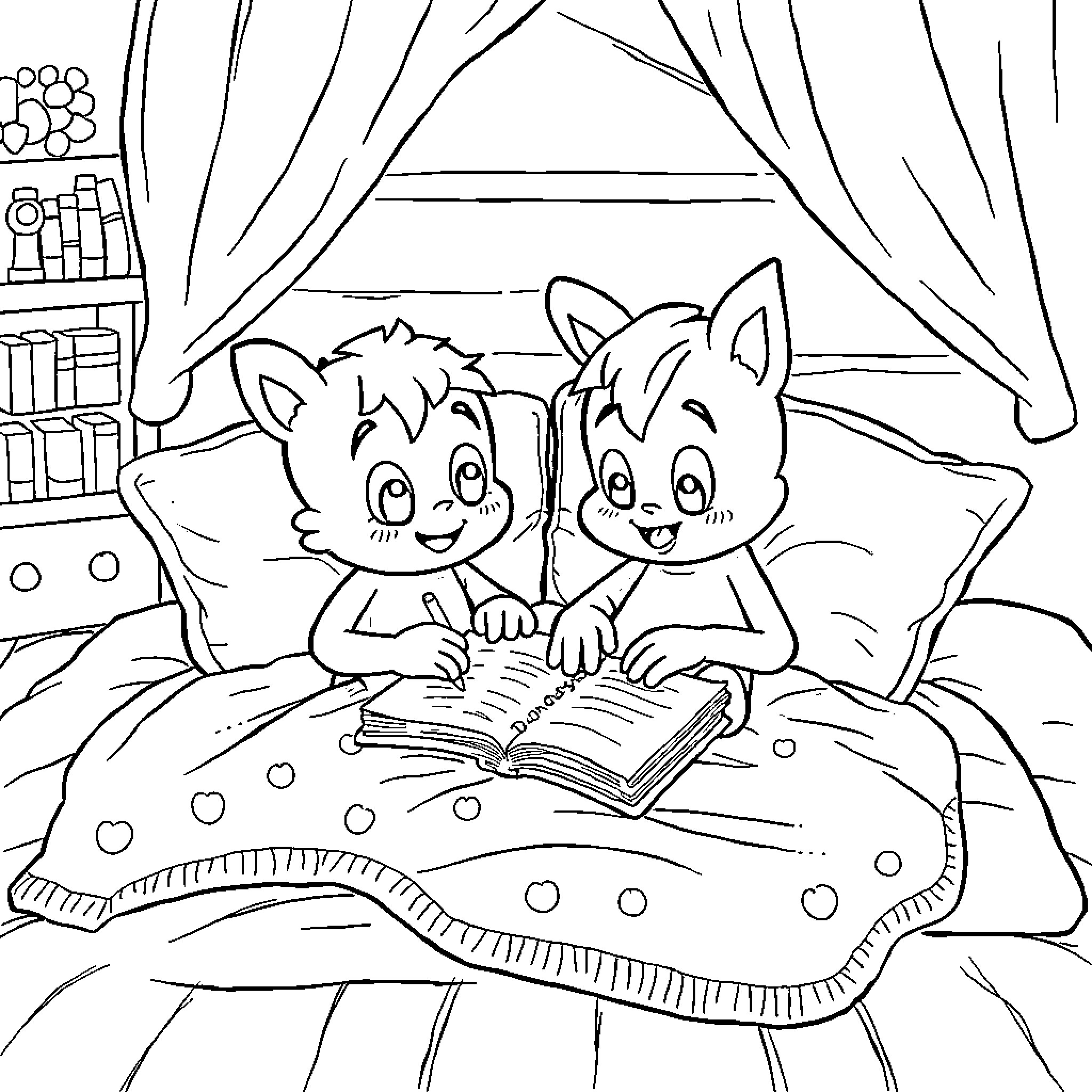 Bingo - Cute Kittens Reading a Book Together Coloring Page (free black-and-white line drawing printable PDF for all, from beginners to advanced learners, including children, teens, adults, and seniors)