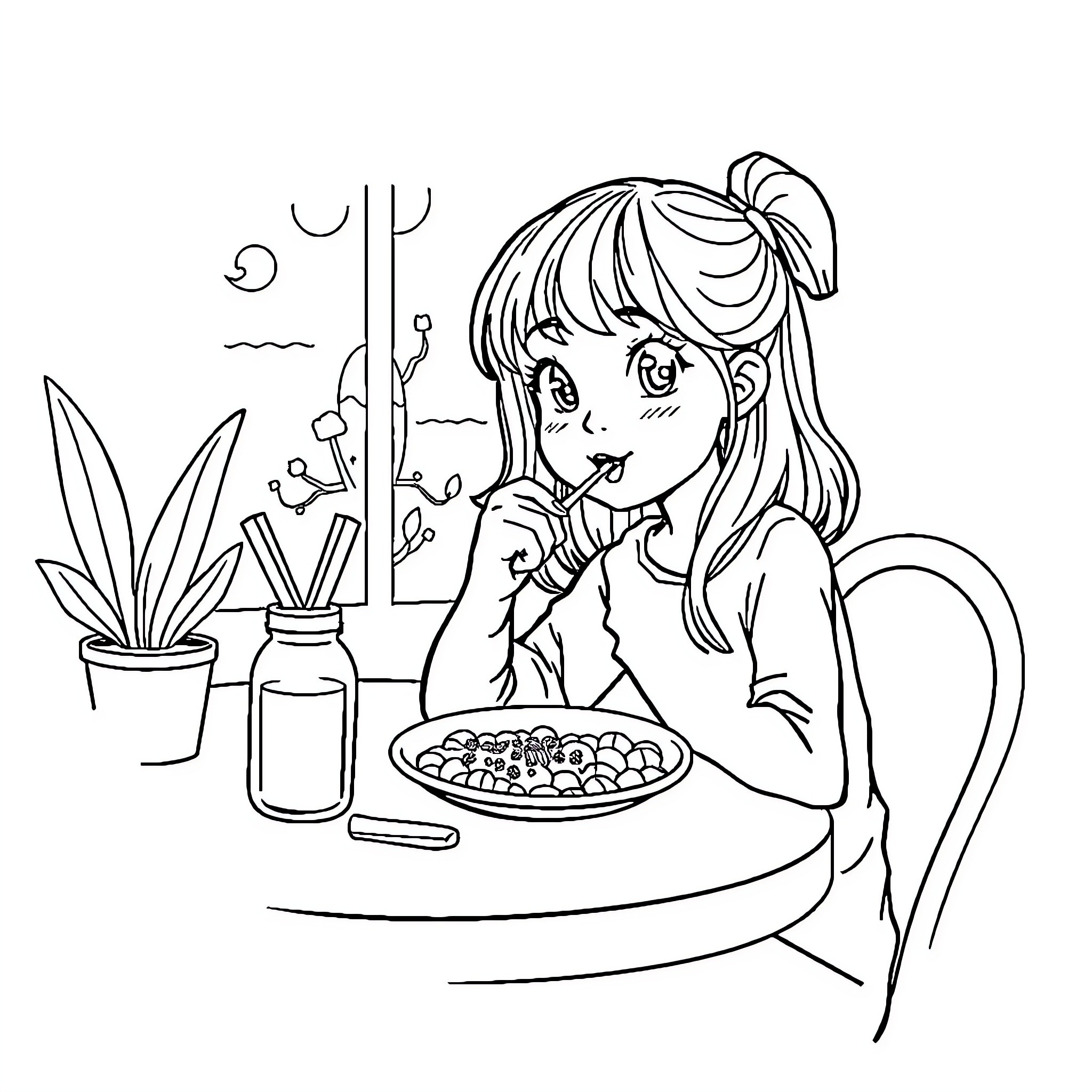 Girl Enjoying a Nutritious Snack Coloring Page (free black-and-white line drawing printable PDF for all, from beginners to advanced learners, including children, teens, adults, and seniors)
