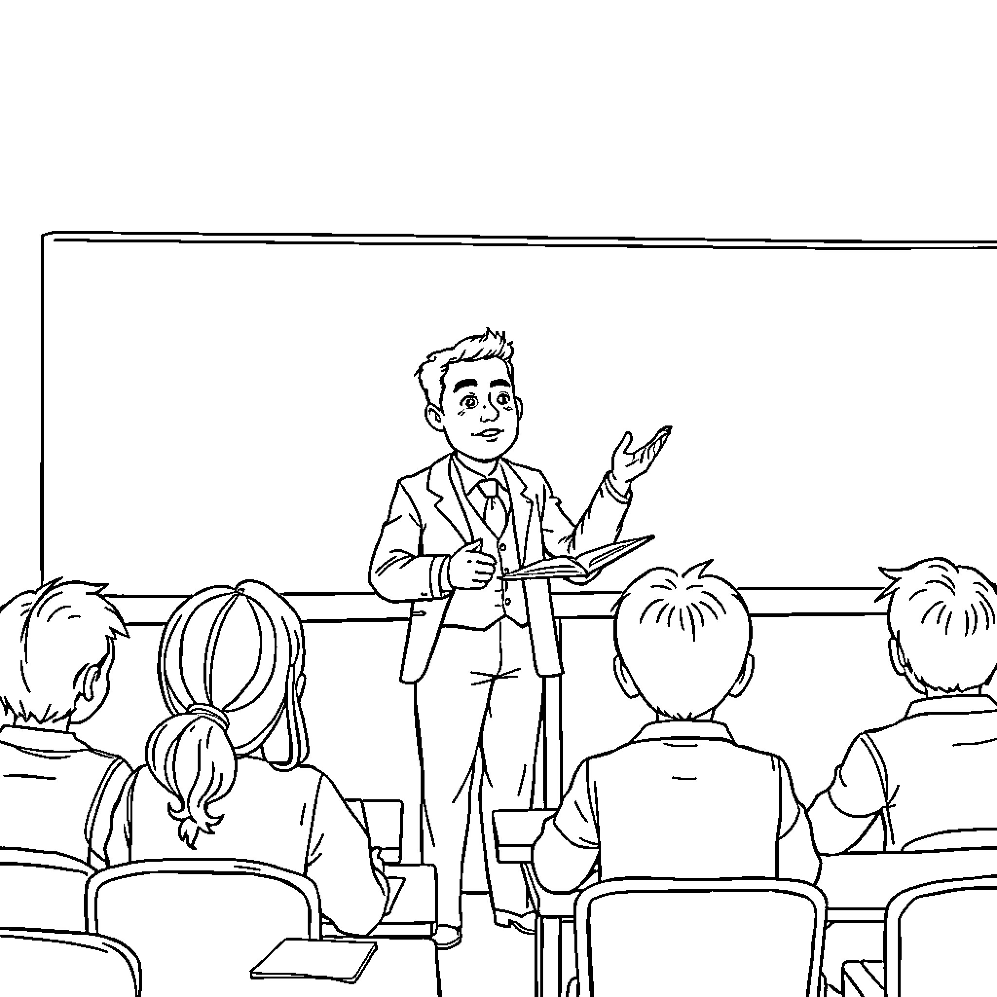 Professeur interagissant avec les élèves en classe Coloring Page (free black-and-white line drawing printable PDF for all, from beginners to advanced learners, including children, teens, adults, and seniors)