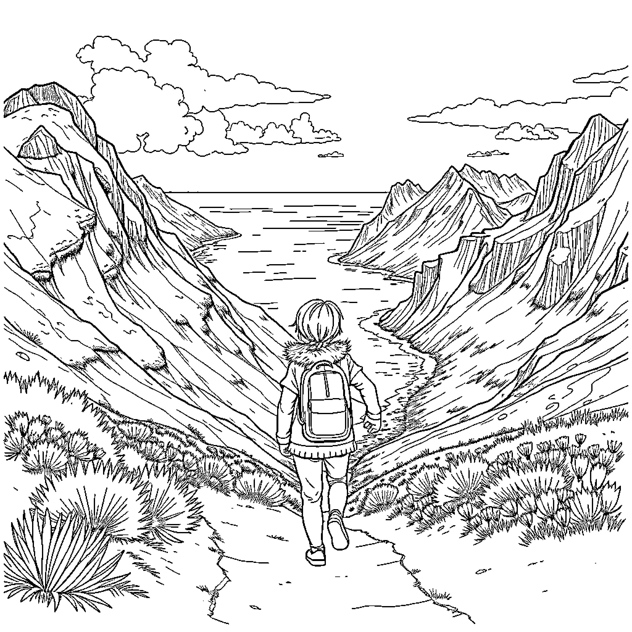Nina's Adventure in the Mountainous Landscape Coloring Page (free black-and-white line drawing printable PDF for all, from beginners to advanced learners, including children, teens, adults, and seniors)