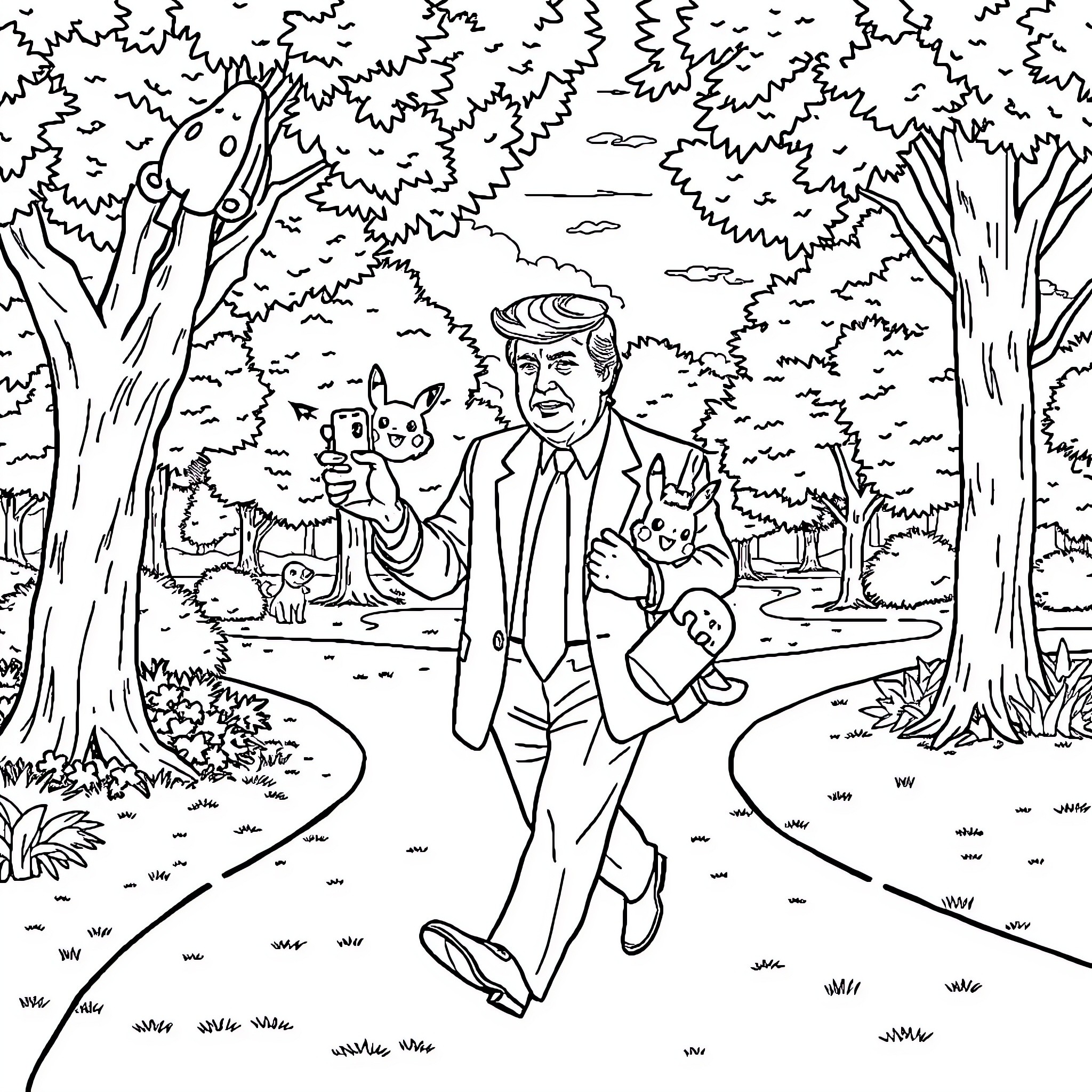 Trump's Whimsical Walk Through a Wooded Wonderland Coloring Page (free black-and-white line drawing printable PDF for all, from beginners to advanced learners, including children, teens, adults, and seniors)