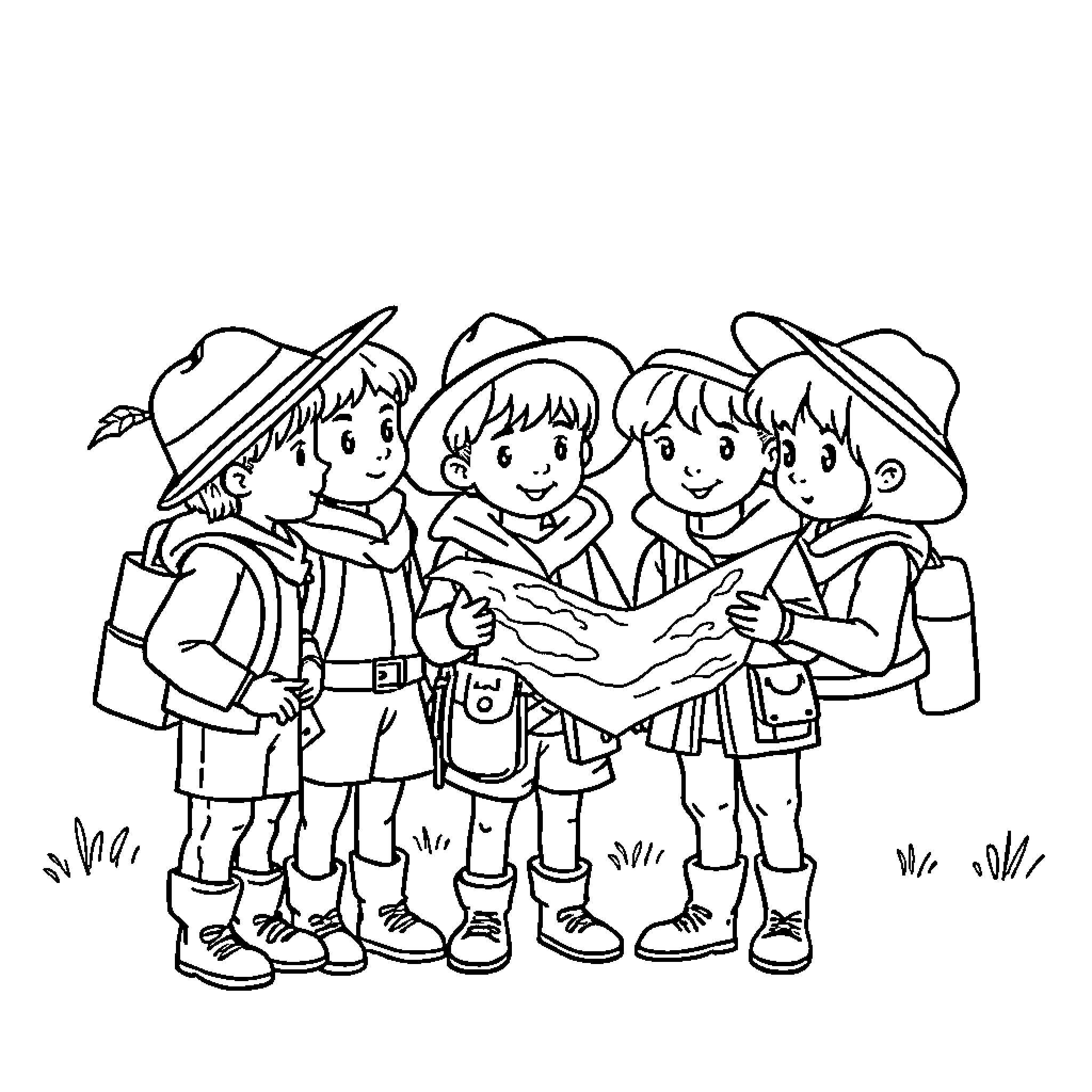 Explorer friends studying nature map together Coloring Page (free black-and-white line drawing printable PDF for all, from beginners to advanced learners, including children, teens, adults, and seniors)
