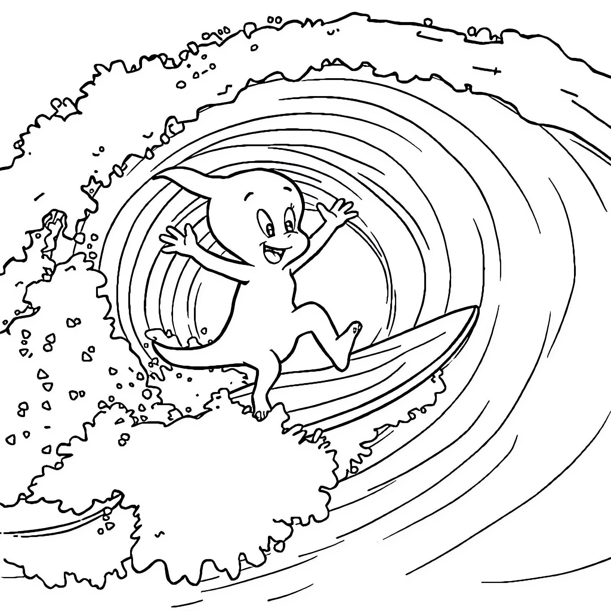 Casper surfing happily in the waves Coloring Page (free black-and-white line drawing printable PDF for all, from beginners to advanced learners, including children, teens, adults, and seniors)