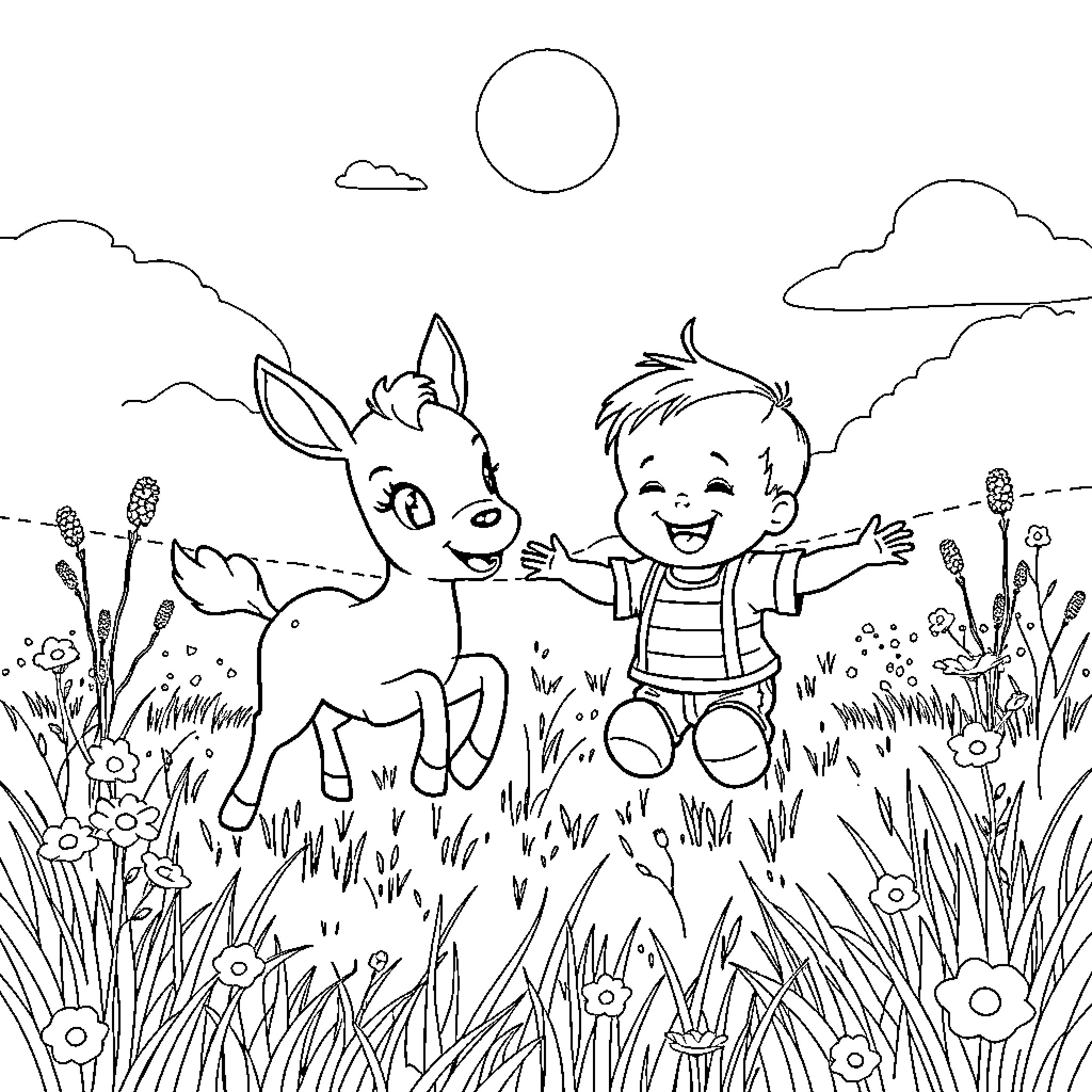 Daino and a child playing happily in the meadow Coloring Page (free black-and-white line drawing printable PDF for all, from beginners to advanced learners, including children, teens, adults, and seniors)