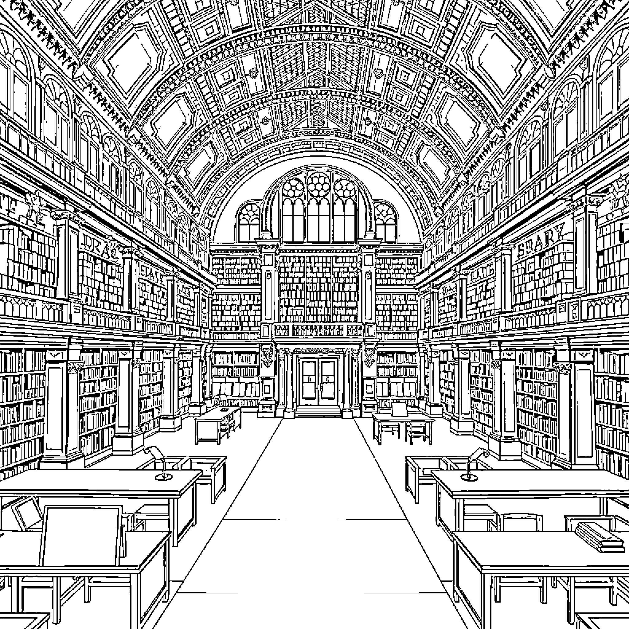 Library filled with ornate architectural details Coloring Page (free black-and-white line drawing printable PDF for all, from beginners to advanced learners, including children, teens, adults, and seniors)