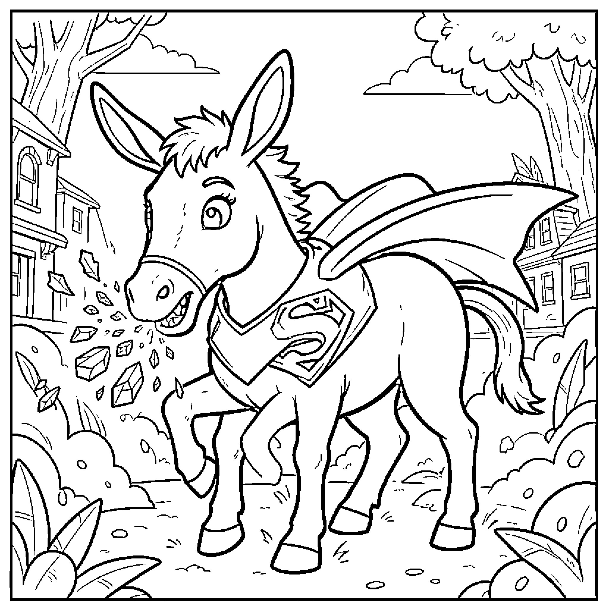 Superane donkey wearing a superhero cape and emblem Coloring Page (free black-and-white line drawing printable PDF for all, from beginners to advanced learners, including children, teens, adults, and seniors)