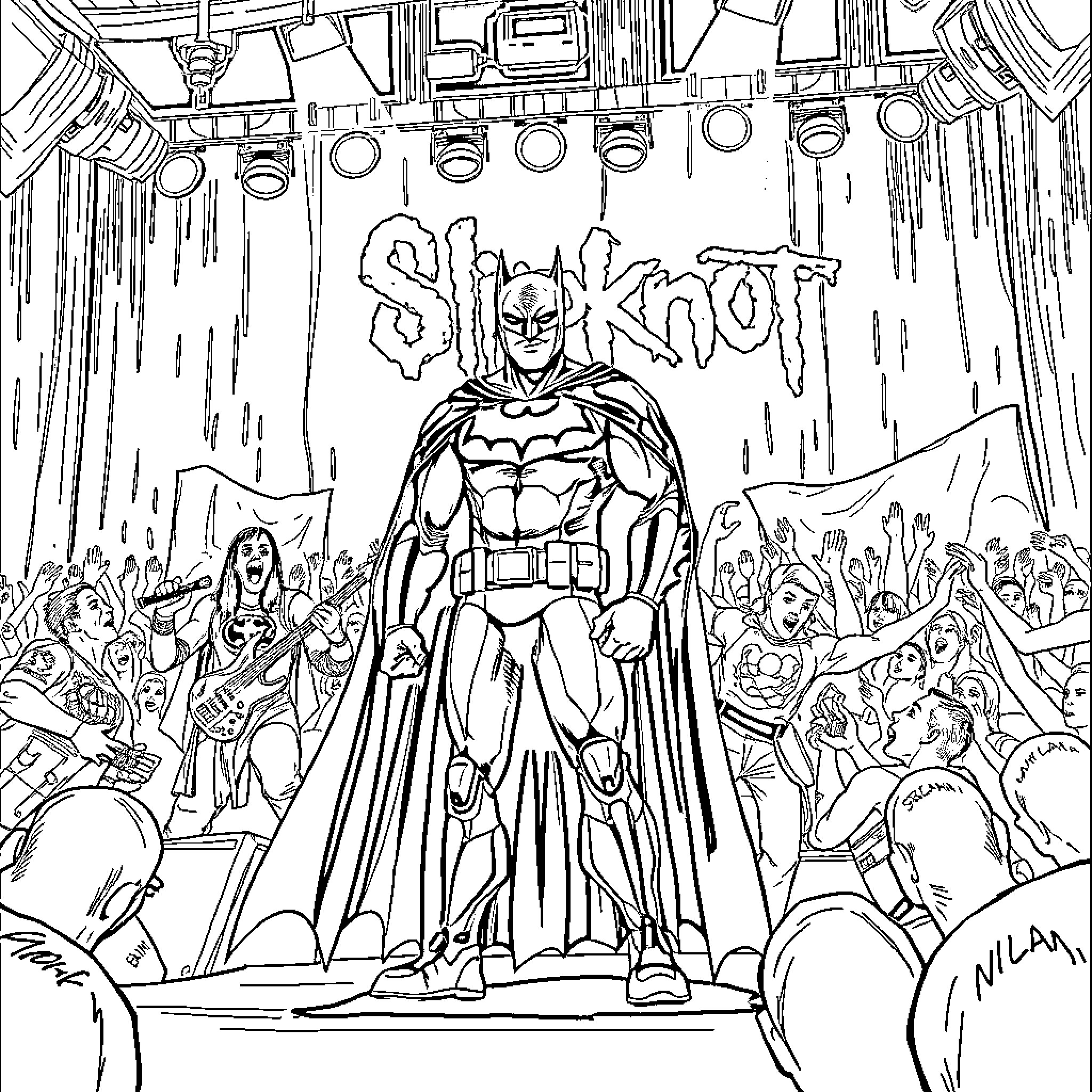 Batman performing in a rock concert with fans Coloring Page (free black-and-white line drawing printable PDF for all, from beginners to advanced learners, including children, teens, adults, and seniors)