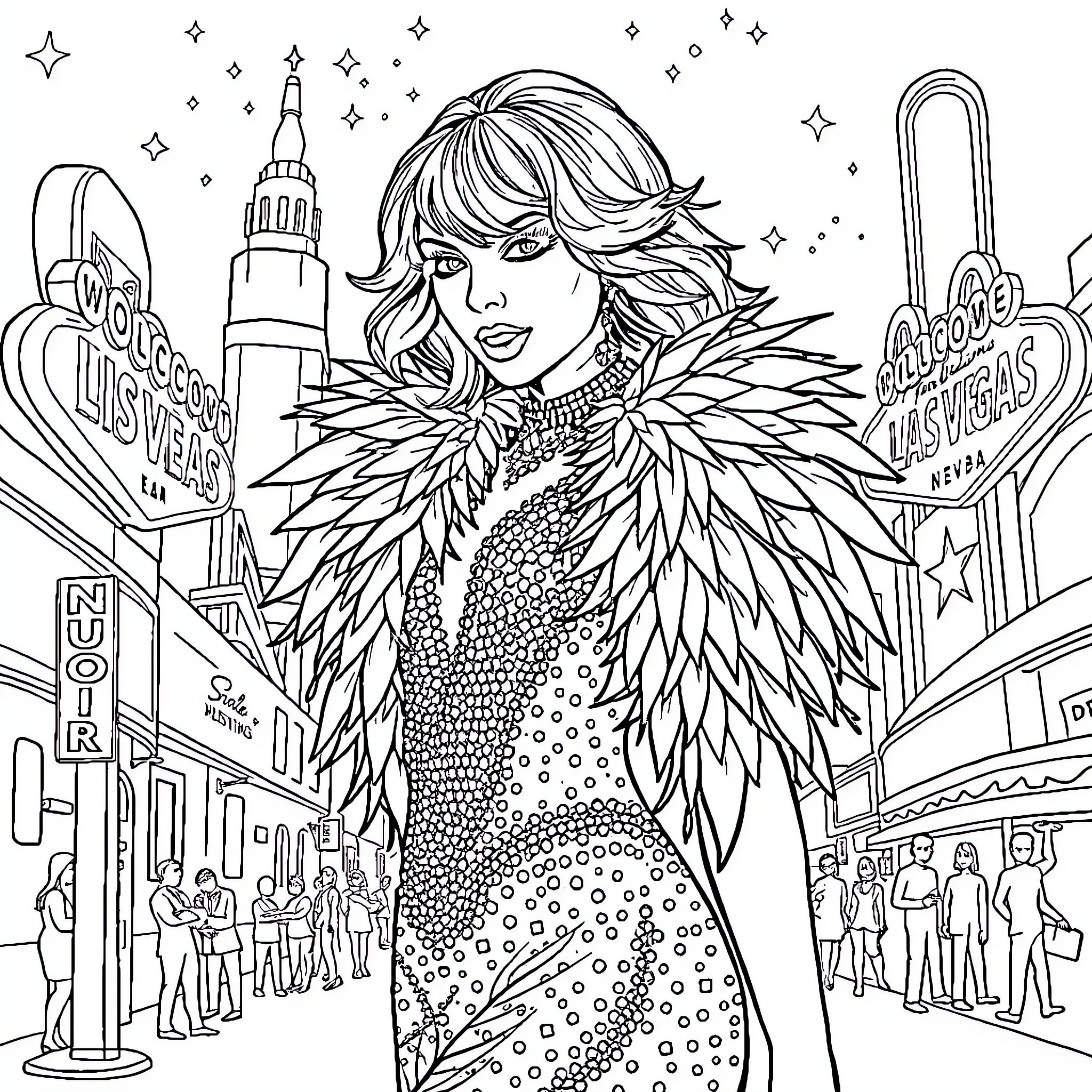 Taylor Swift's Glamorous Night Out in the City Coloring Page (free black-and-white line drawing printable PDF for all, from beginners to advanced learners, including children, teens, adults, and seniors)