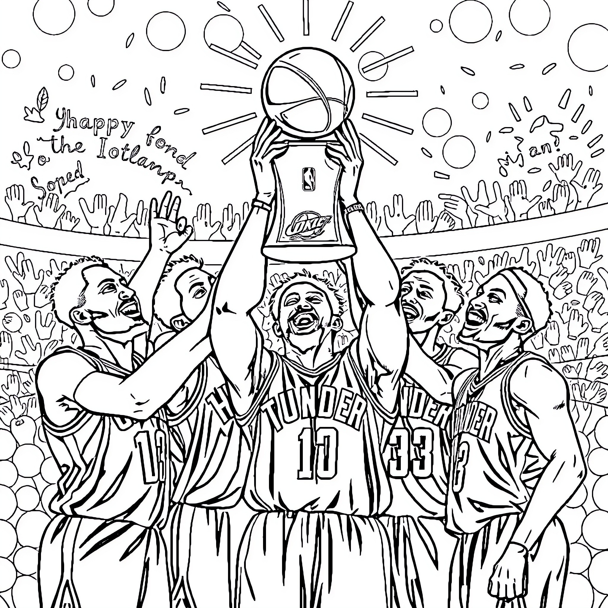 Okc Thunder Celebrate Championship Trophy Coloring Page (free black-and-white line drawing printable PDF for all, from beginners to advanced learners, including children, teens, adults, and seniors)