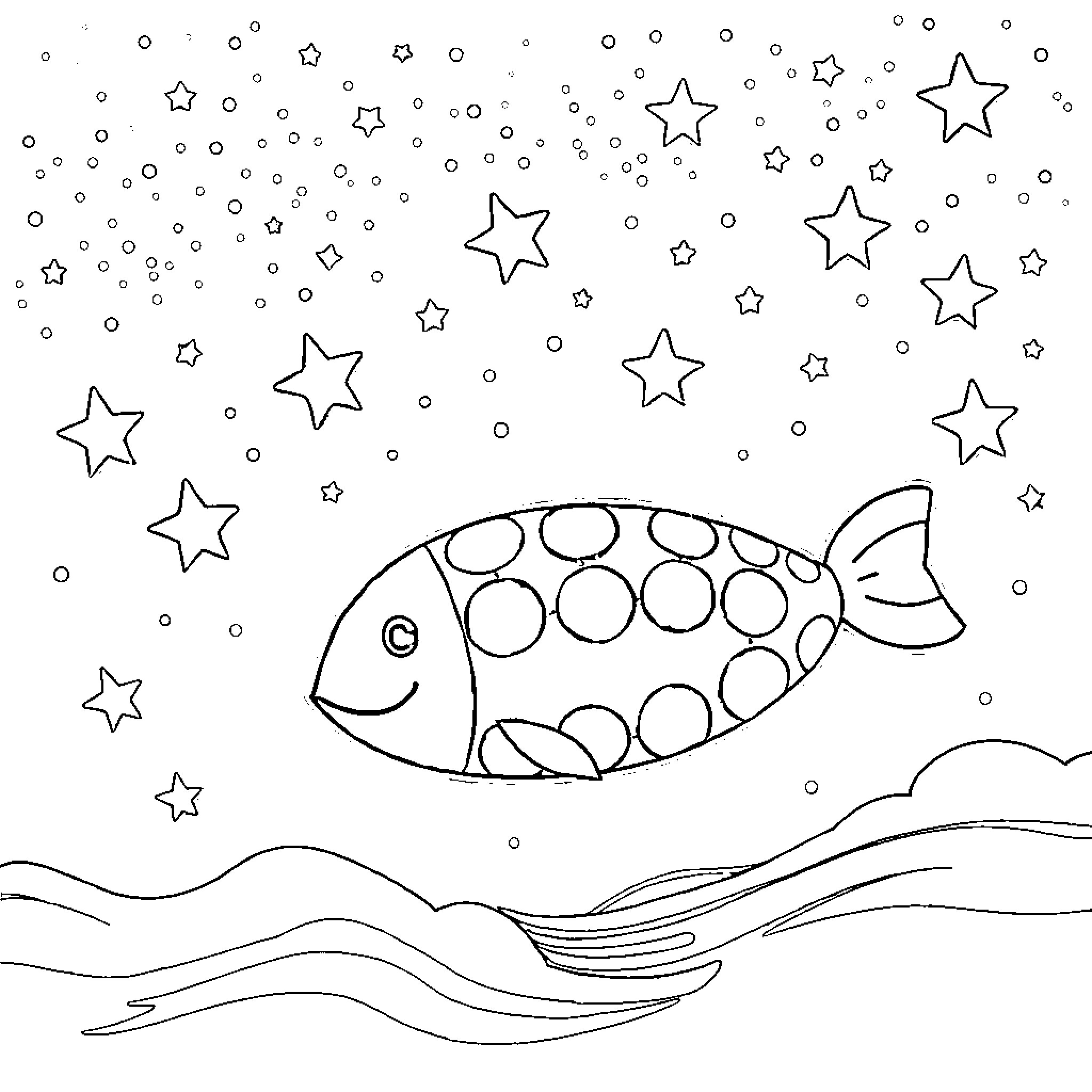 Labubu's Starry Fish in the Night Sky Coloring Page (free black-and-white line drawing printable PDF for all, from beginners to advanced learners, including children, teens, adults, and seniors)