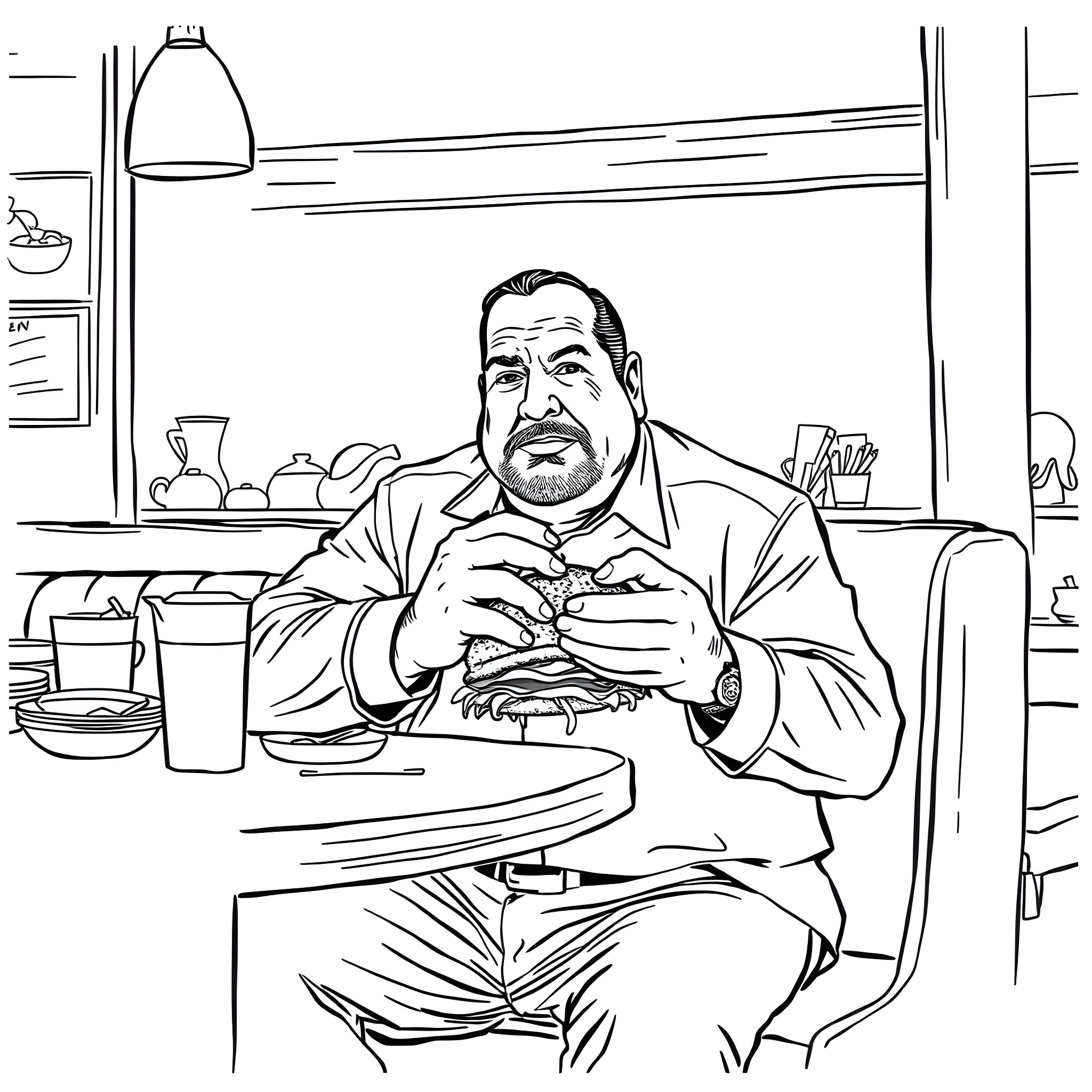 Tony Soprano savoring a meal in his kitchen Coloring Page (free black-and-white line drawing printable PDF for all, from beginners to advanced learners, including children, teens, adults, and seniors)