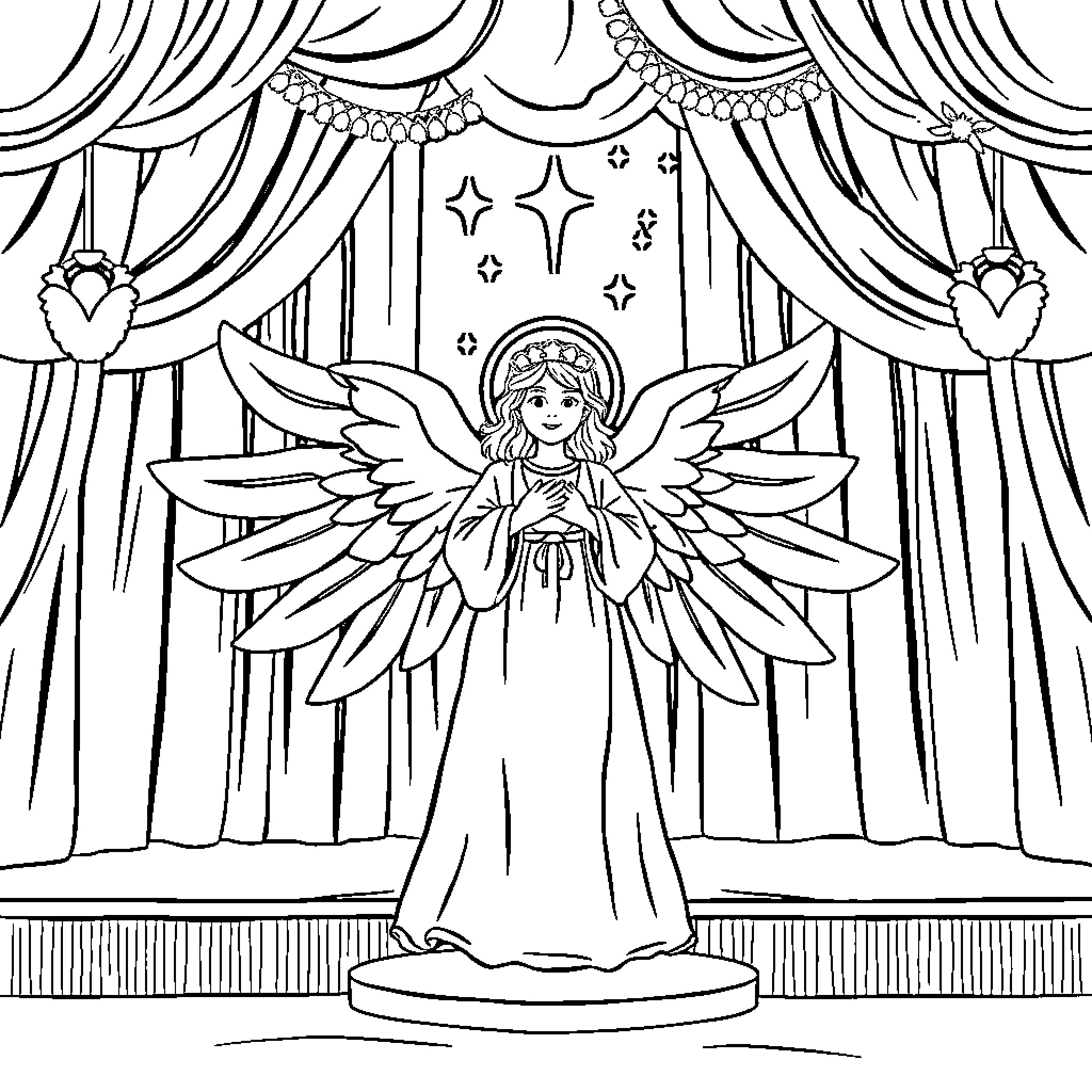 Angel on stage with curtain and stars Coloring Page (free black-and-white line drawing printable PDF for all, from beginners to advanced learners, including children, teens, adults, and seniors)