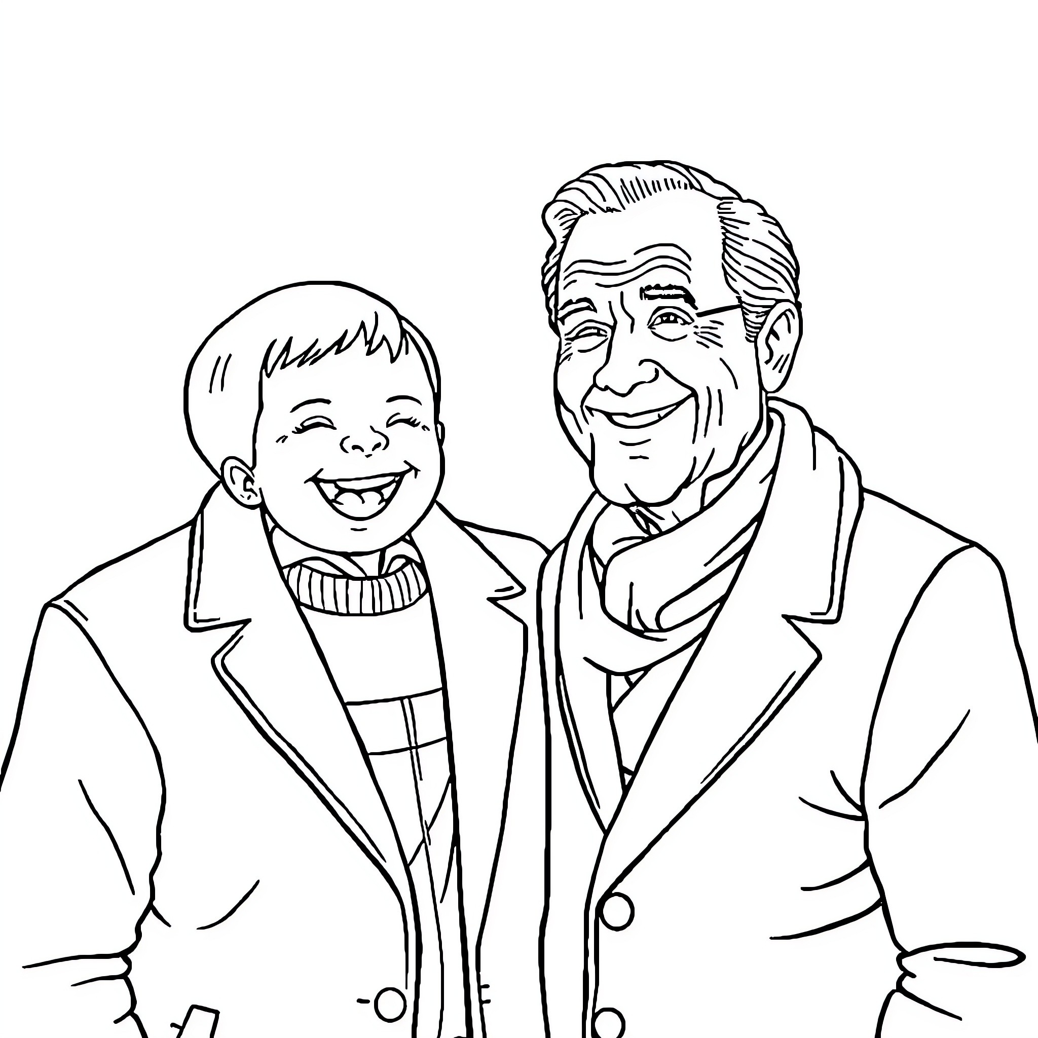 Father and son share a happy moment Coloring Page (free black-and-white line drawing printable PDF for all, from beginners to advanced learners, including children, teens, adults, and seniors)