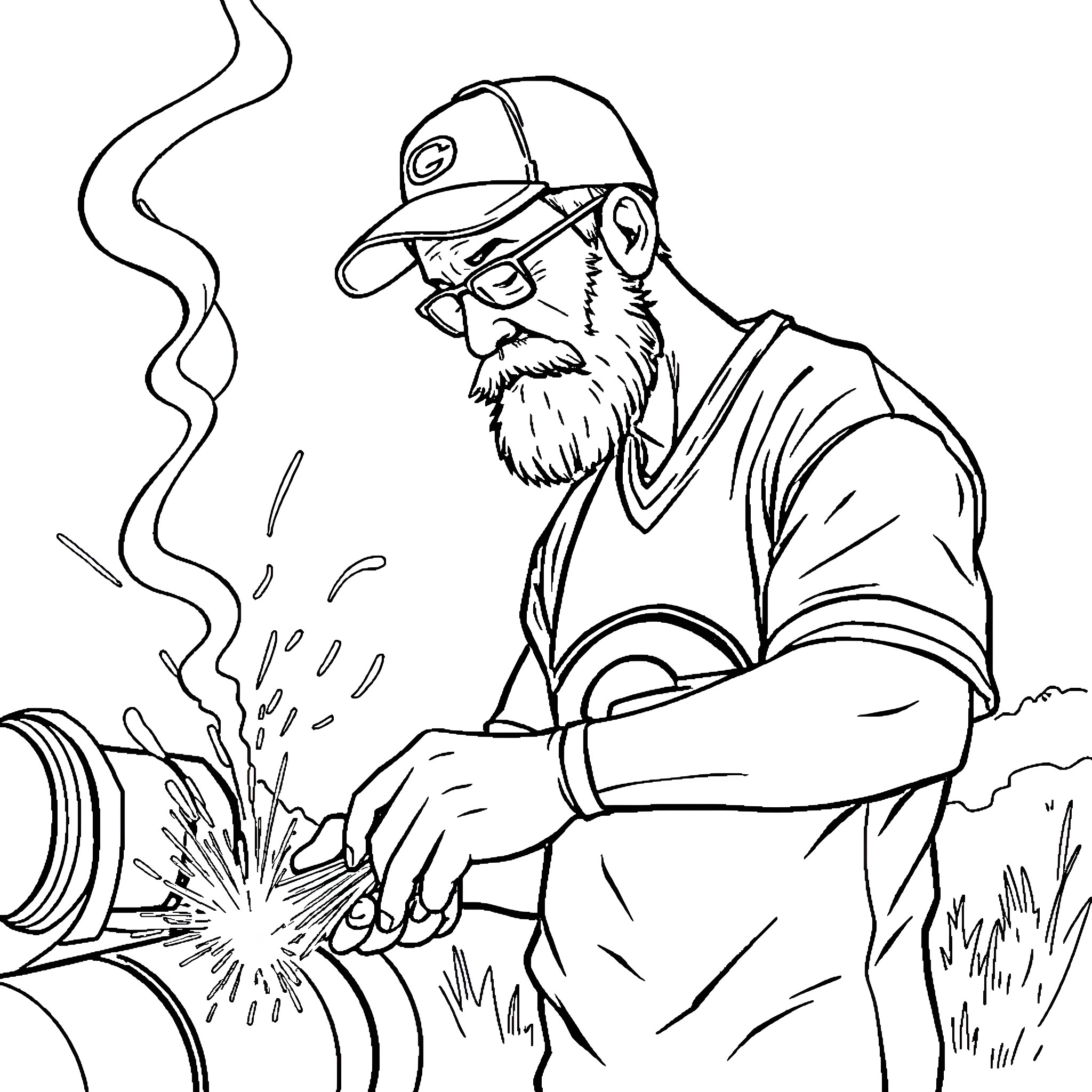 Dad hard at work fixing pipe outdoors Coloring Page (free black-and-white line drawing printable PDF for all, from beginners to advanced learners, including children, teens, adults, and seniors)