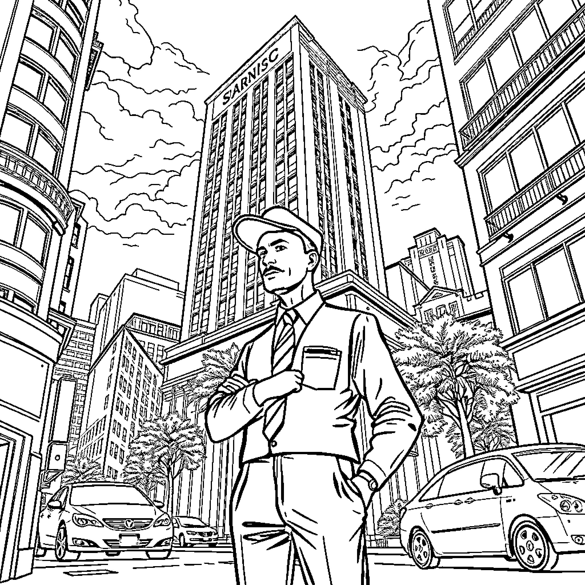 Doreman Standing Tall in the City Skyline Coloring Page (free black-and-white line drawing printable PDF for all, from beginners to advanced learners, including children, teens, adults, and seniors)