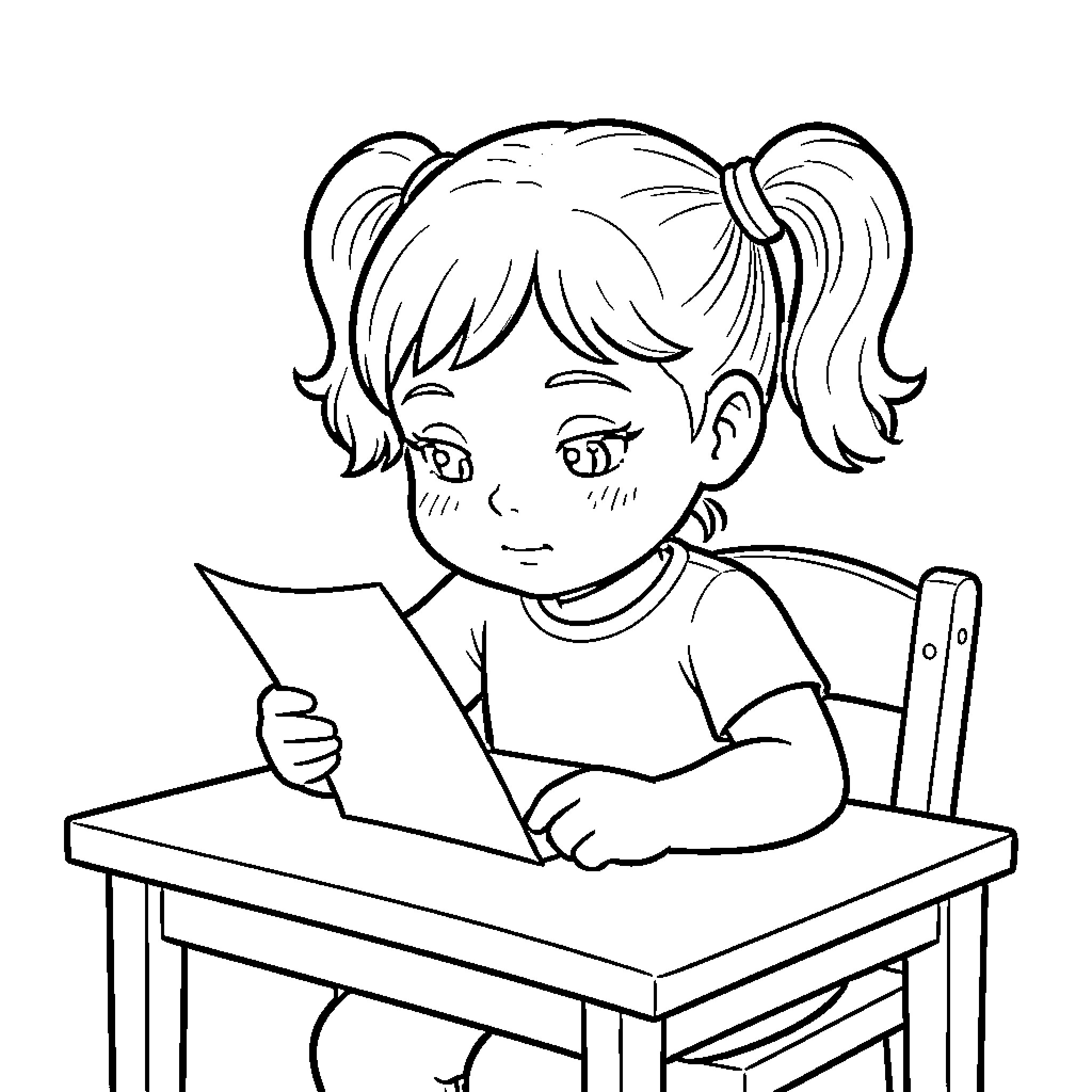 Nina sitting at a desk reading a paper Coloring Page (free black-and-white line drawing printable PDF for all, from beginners to advanced learners, including children, teens, adults, and seniors)