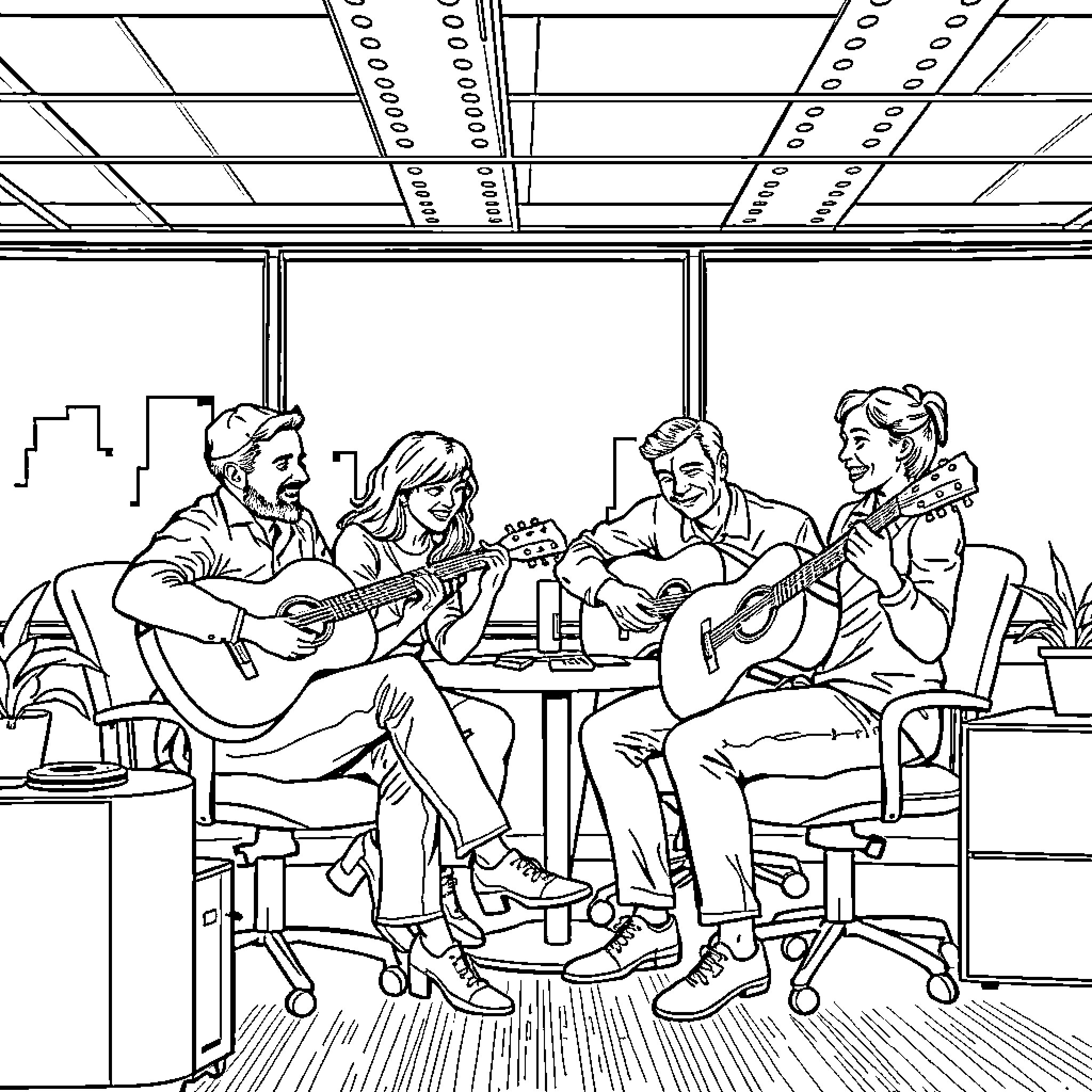 Guitar players performing in cozy office setting Coloring Page (free black-and-white line drawing printable PDF for all, from beginners to advanced learners, including children, teens, adults, and seniors)