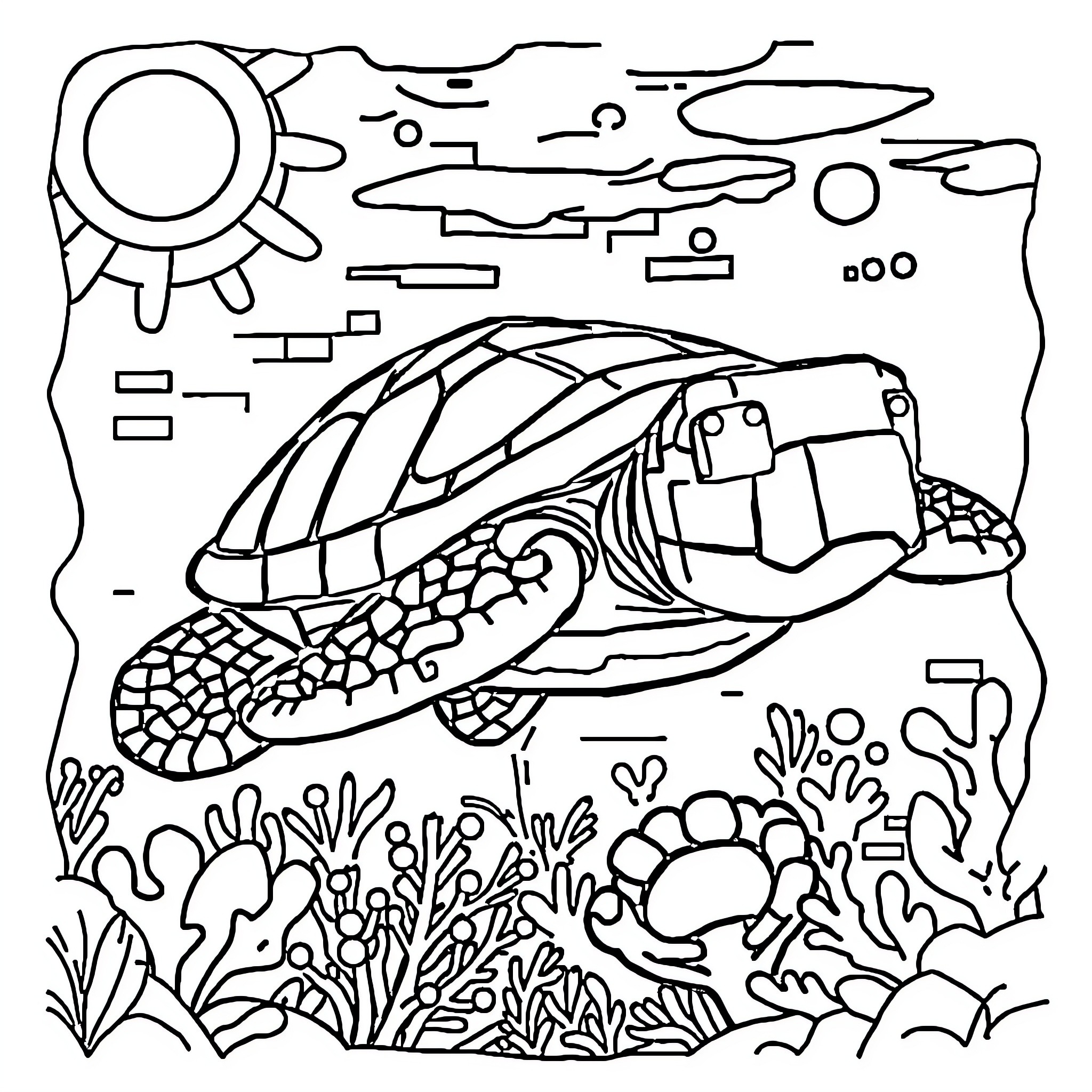 Turtle swimming through a vibrant underwater scene Coloring Page (free black-and-white line drawing printable PDF for all, from beginners to advanced learners, including children, teens, adults, and seniors)