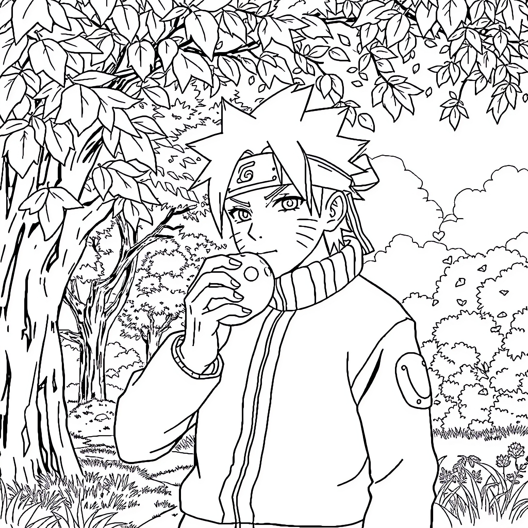 Naruto in a peaceful nature setting Coloring Page (free black-and-white line drawing printable PDF for all, from beginners to advanced learners, including children, teens, adults, and seniors)