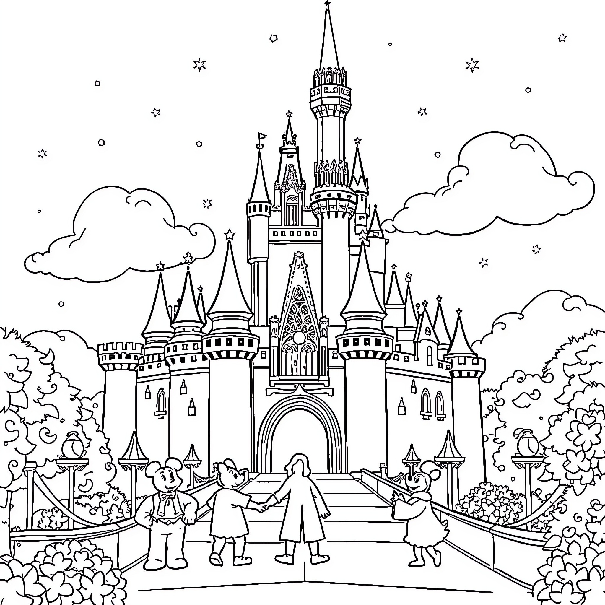 Disney fairy tale castle and characters in a magical setting Coloring Page (free black-and-white line drawing printable PDF for all, from beginners to advanced learners, including children, teens, adults, and seniors)