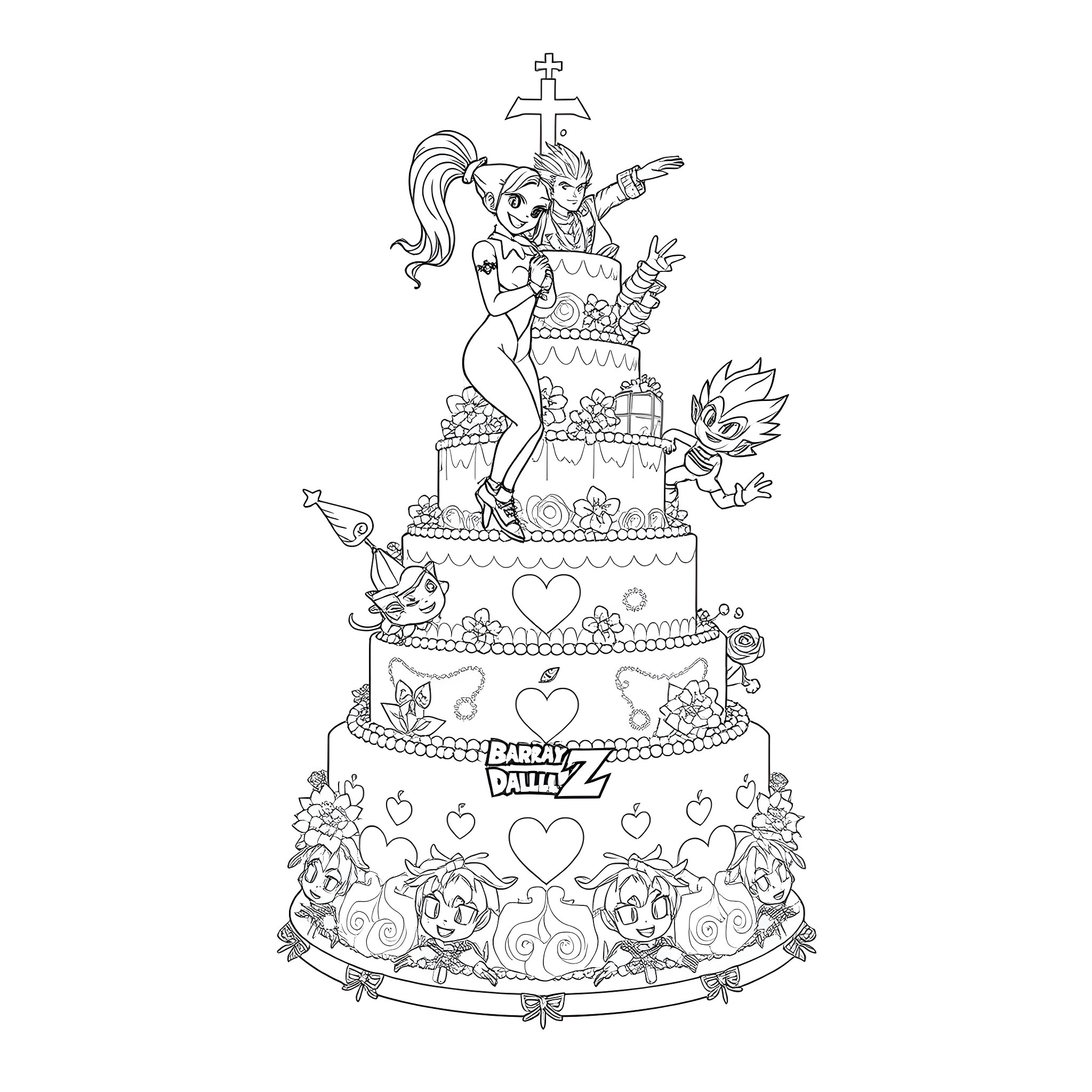 Harley Quinn's Fantastical Wedding Cake Coloring Page (free black-and-white line drawing printable PDF for all, from beginners to advanced learners, including children, teens, adults, and seniors)