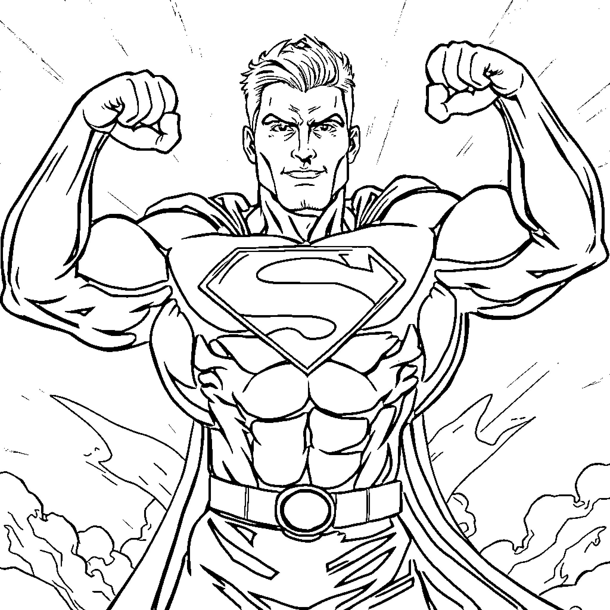 Superman showing off his muscular physique and heroic stance Coloring Page (free black-and-white line drawing printable PDF for all, from beginners to advanced learners, including children, teens, adults, and seniors)