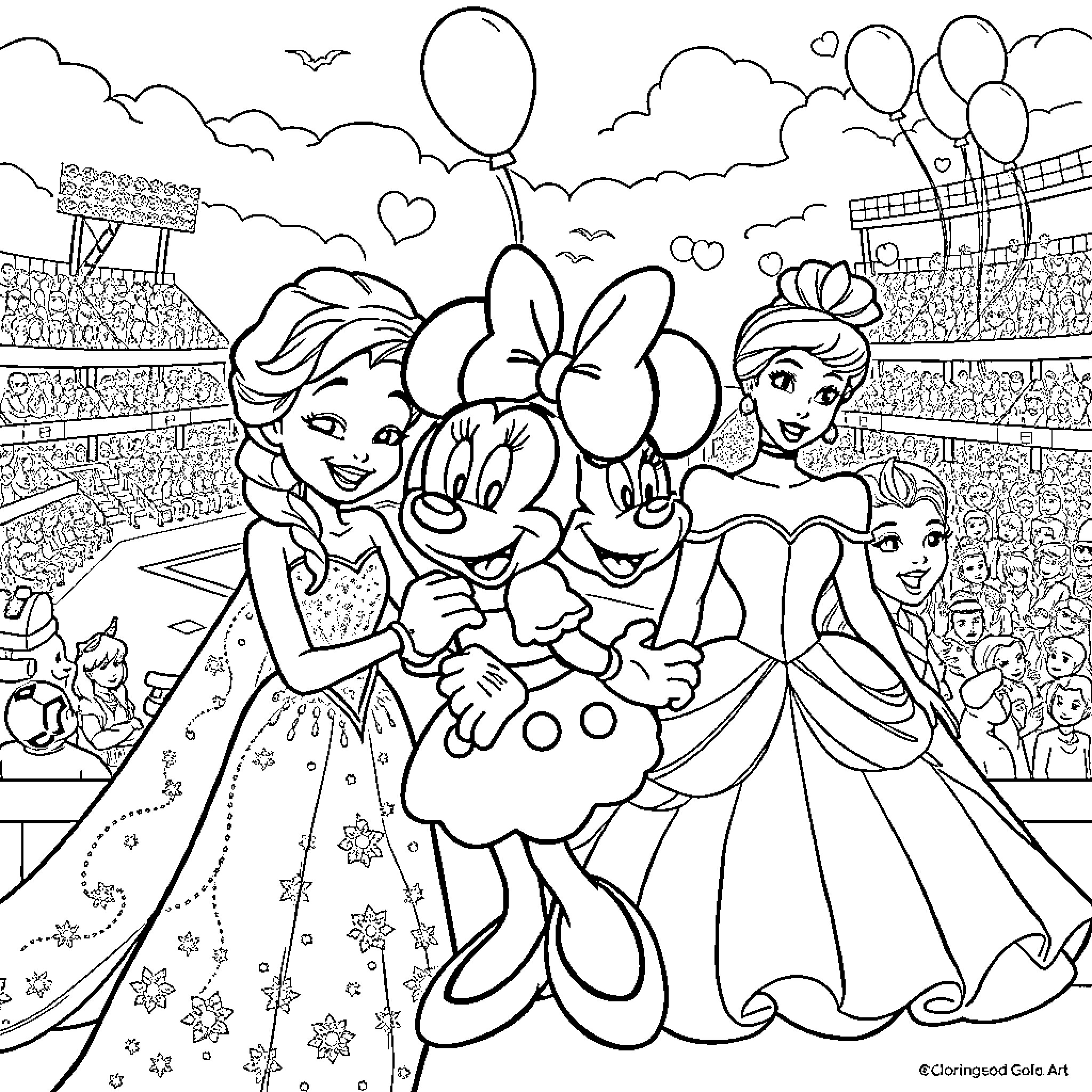 Character Celebration with Disney Princesses Coloring Page (free black-and-white line drawing printable PDF for all, from beginners to advanced learners, including children, teens, adults, and seniors)