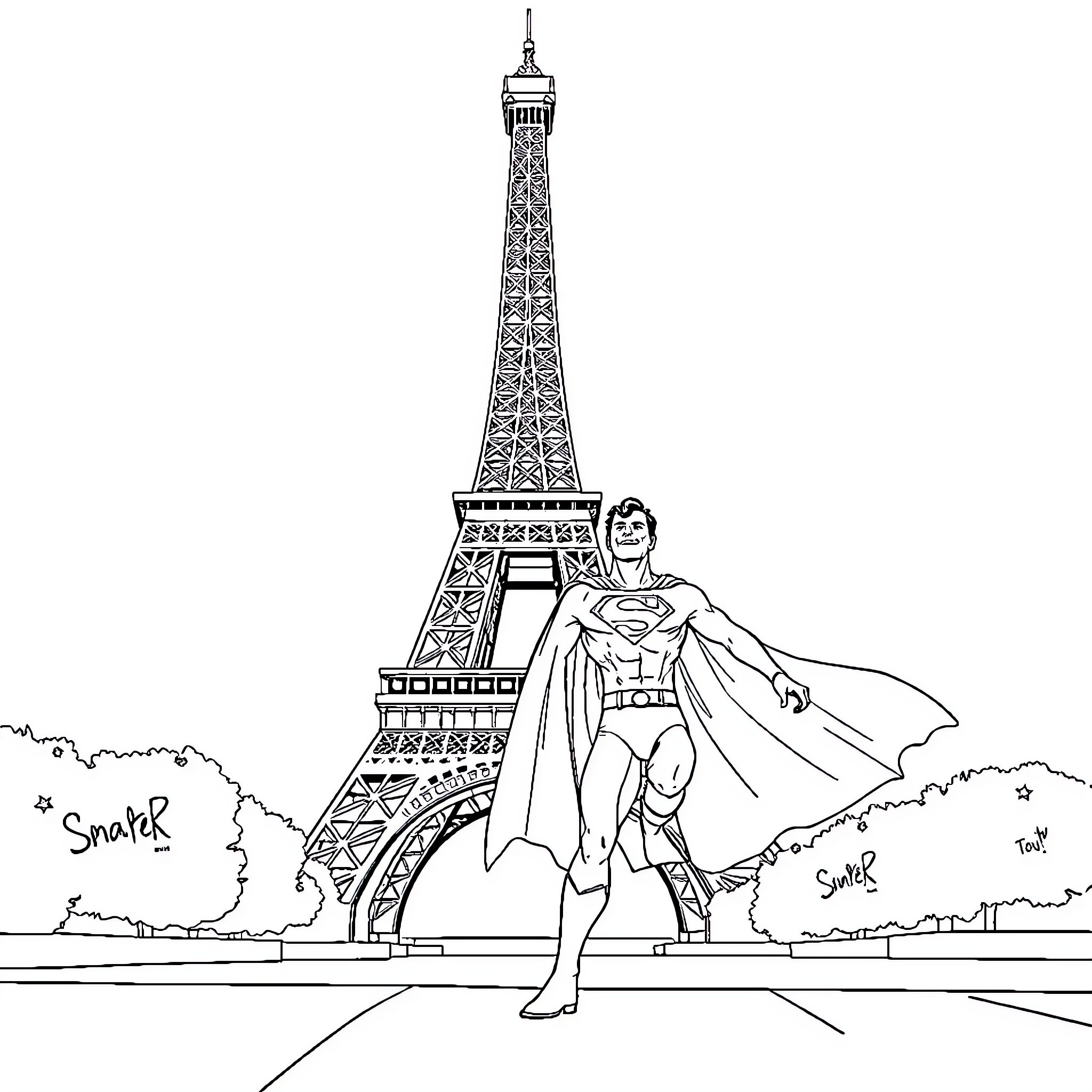 Superman standing heroically in front of the Eiffel Tower Coloring Page (free black-and-white line drawing printable PDF for all, from beginners to advanced learners, including children, teens, adults, and seniors)