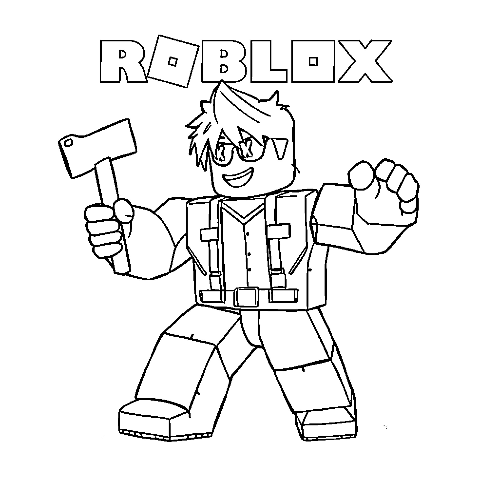 Roblox character holding a tool enthusiastically Coloring Page (free black-and-white line drawing printable PDF for all, from beginners to advanced learners, including children, teens, adults, and seniors)