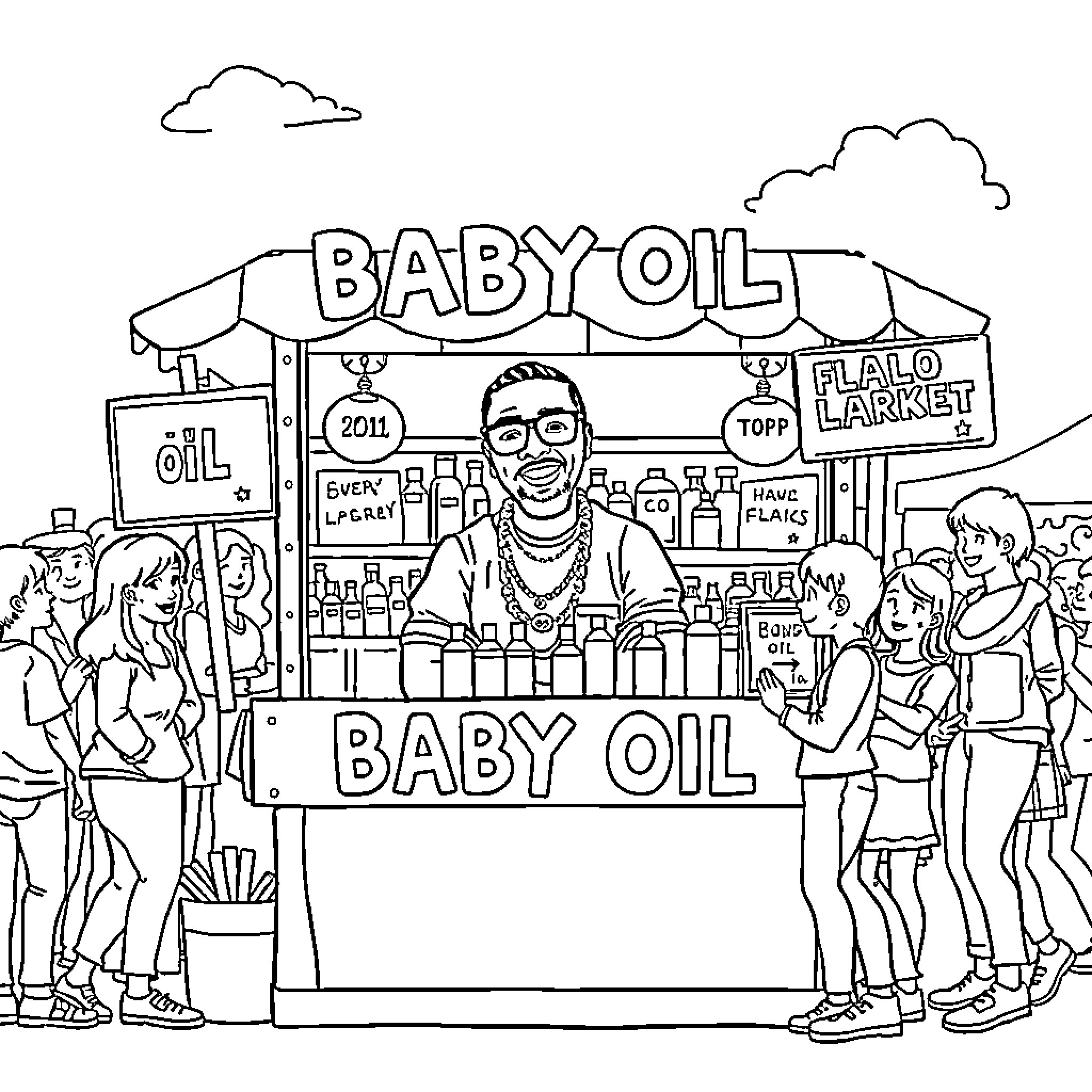 P Diddy's Lively Baby Oil Vendor Stall with Enthusiastic Customers Coloring Page (free black-and-white line drawing printable PDF for all, from beginners to advanced learners, including children, teens, adults, and seniors)