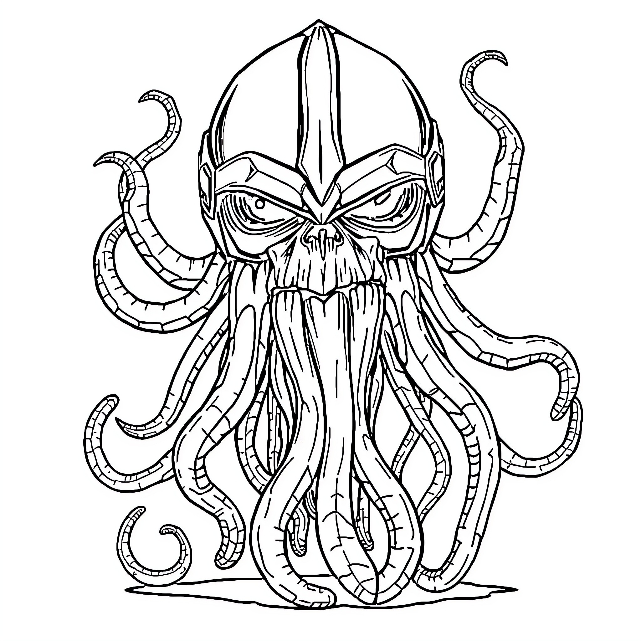 Jellyfish creature with horns and tentacles Coloring Page (free black-and-white line drawing printable PDF for all, from beginners to advanced learners, including children, teens, adults, and seniors)