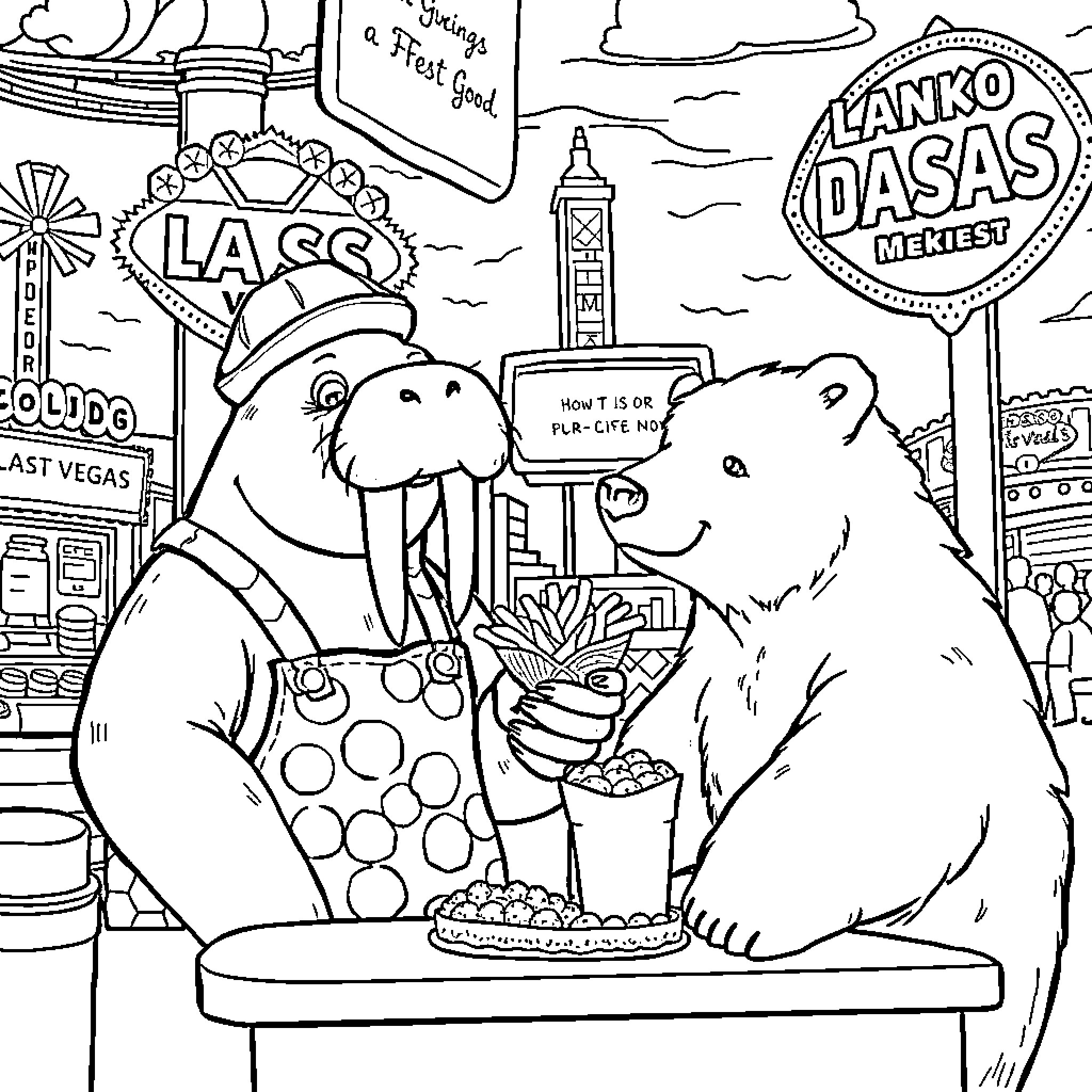 Walrus enjoying a snack in a lively city scene Coloring Page (free black-and-white line drawing printable PDF for all, from beginners to advanced learners, including children, teens, adults, and seniors)