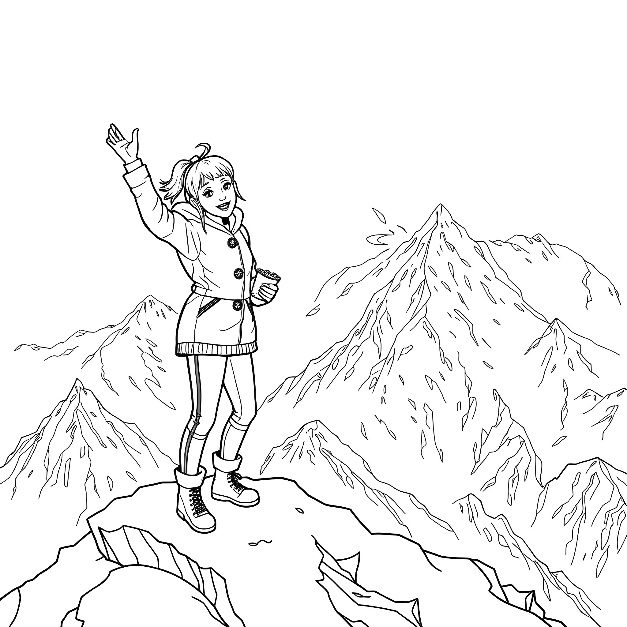 Miley Cyrus celebrating victory atop a mountain peak Coloring Page (free black-and-white line drawing printable PDF for all, from beginners to advanced learners, including children, teens, adults, and seniors)