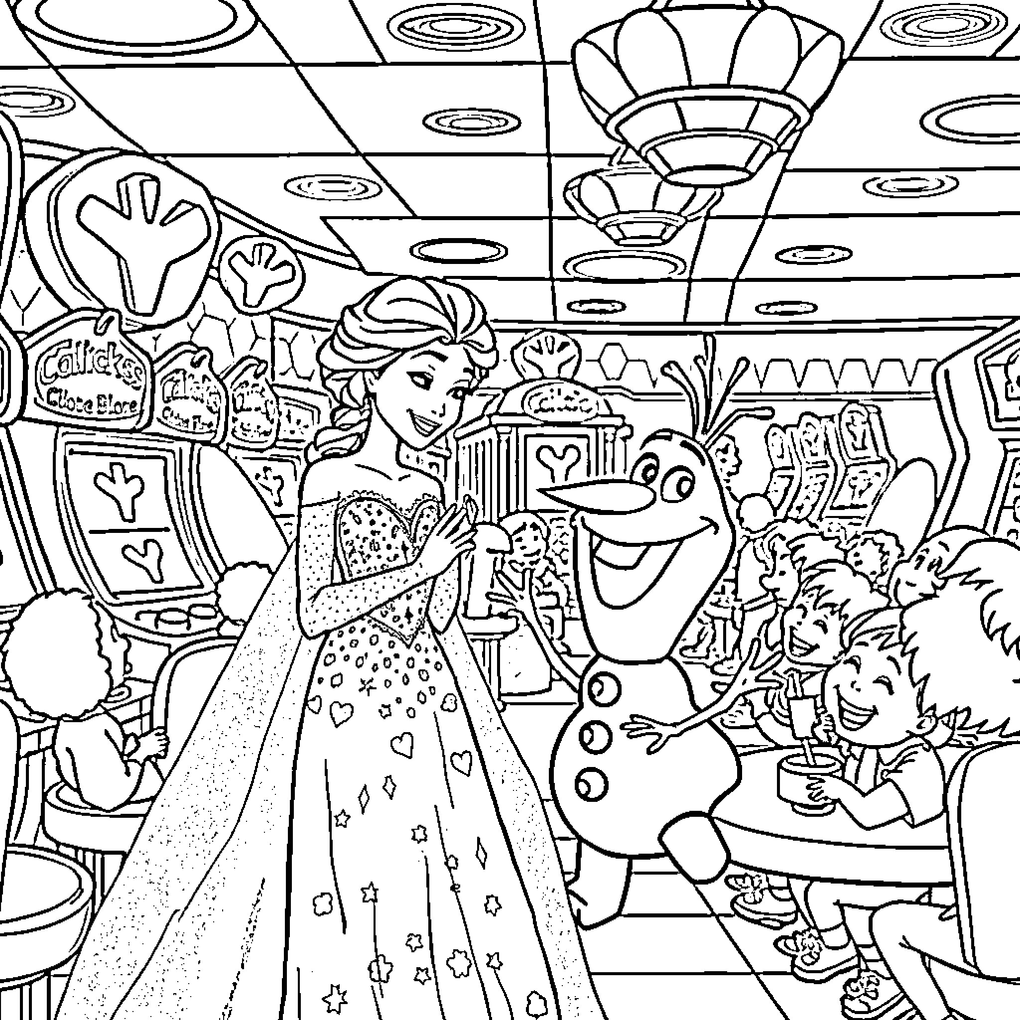 Elsa and Olaf's Enchanting Adventure Coloring Page (free black-and-white line drawing printable PDF for all, from beginners to advanced learners, including children, teens, adults, and seniors)