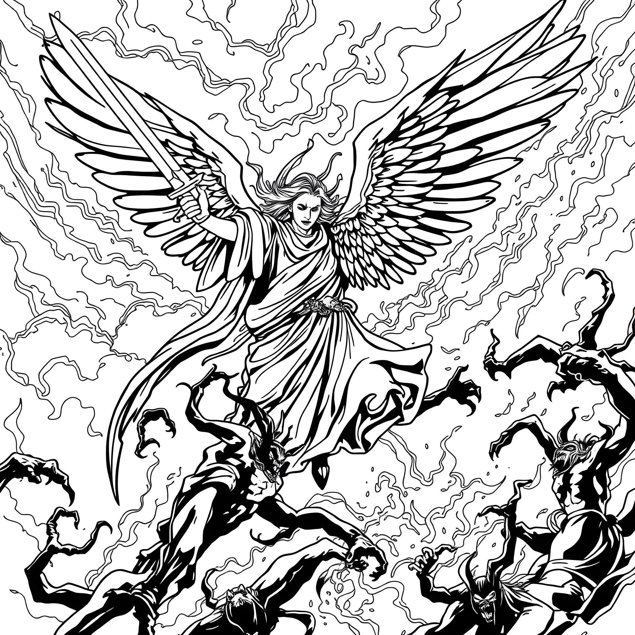 Angel Vanquishing Demons in Ethereal Realm Coloring Page (free black-and-white line drawing printable PDF for all, from beginners to advanced learners, including children, teens, adults, and seniors)