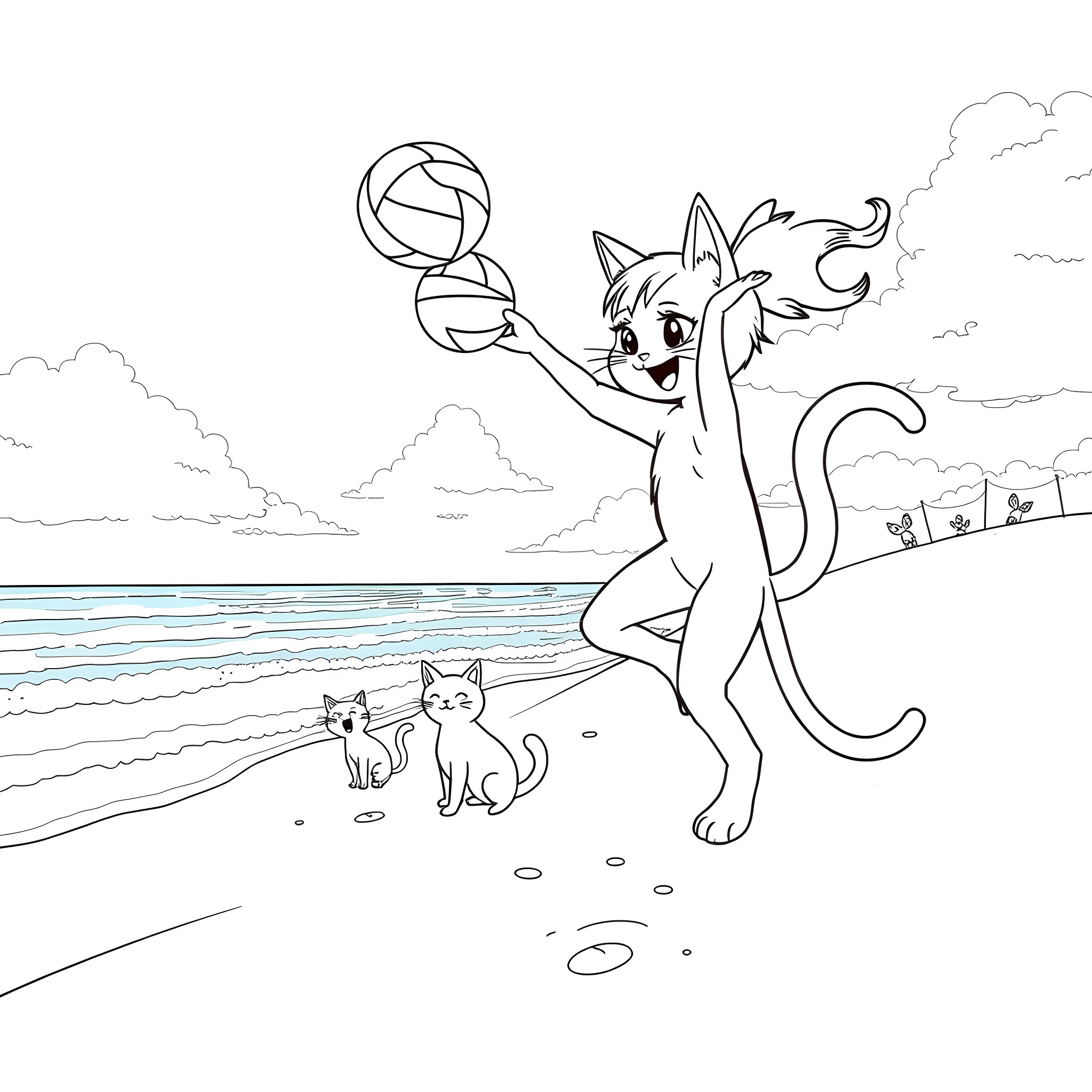 Gabby playing joyfully with a ball on the beach Coloring Page (free black-and-white line drawing printable PDF for all, from beginners to advanced learners, including children, teens, adults, and seniors)