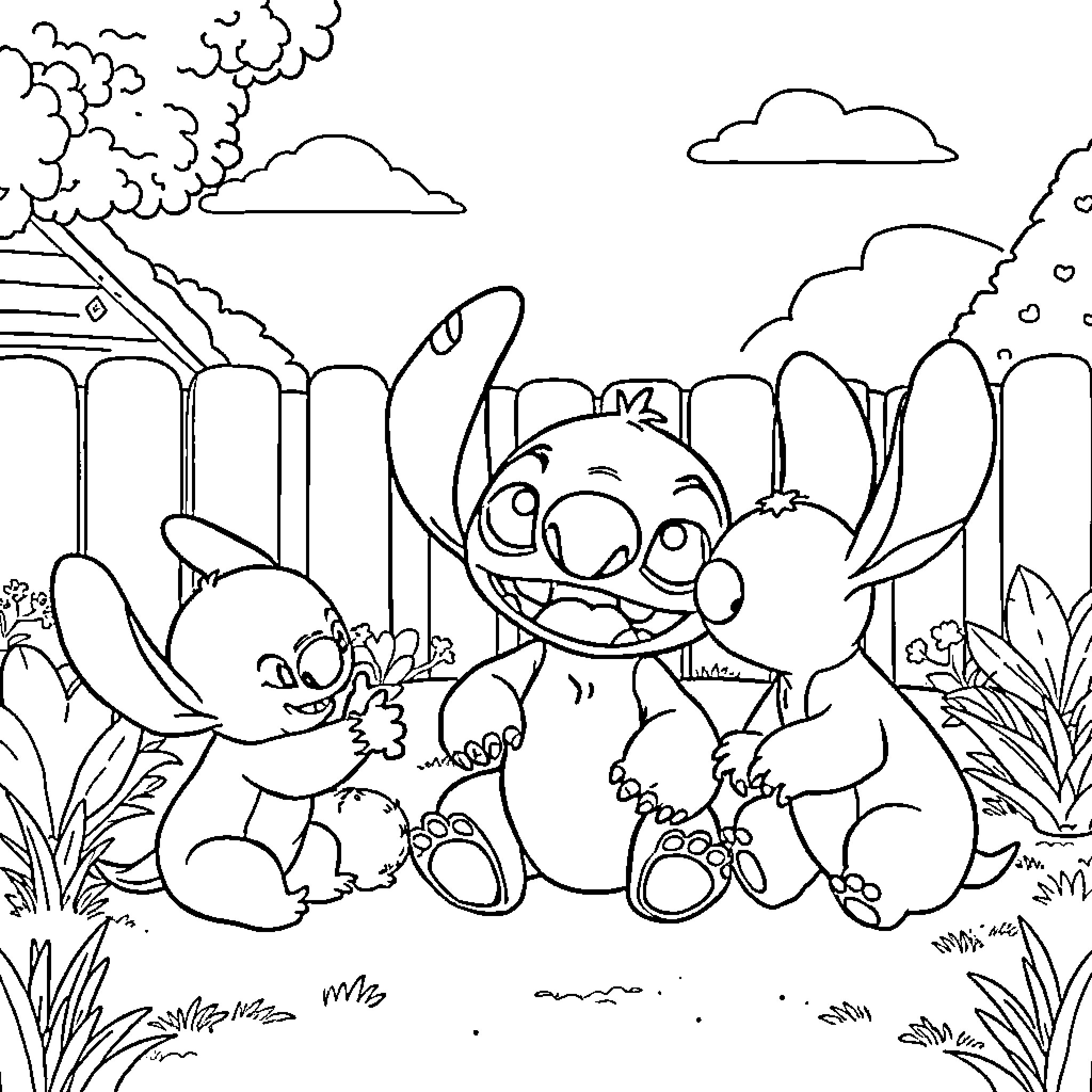 Stitch and friends play in the park Coloring Page (free black-and-white line drawing printable PDF for all, from beginners to advanced learners, including children, teens, adults, and seniors)