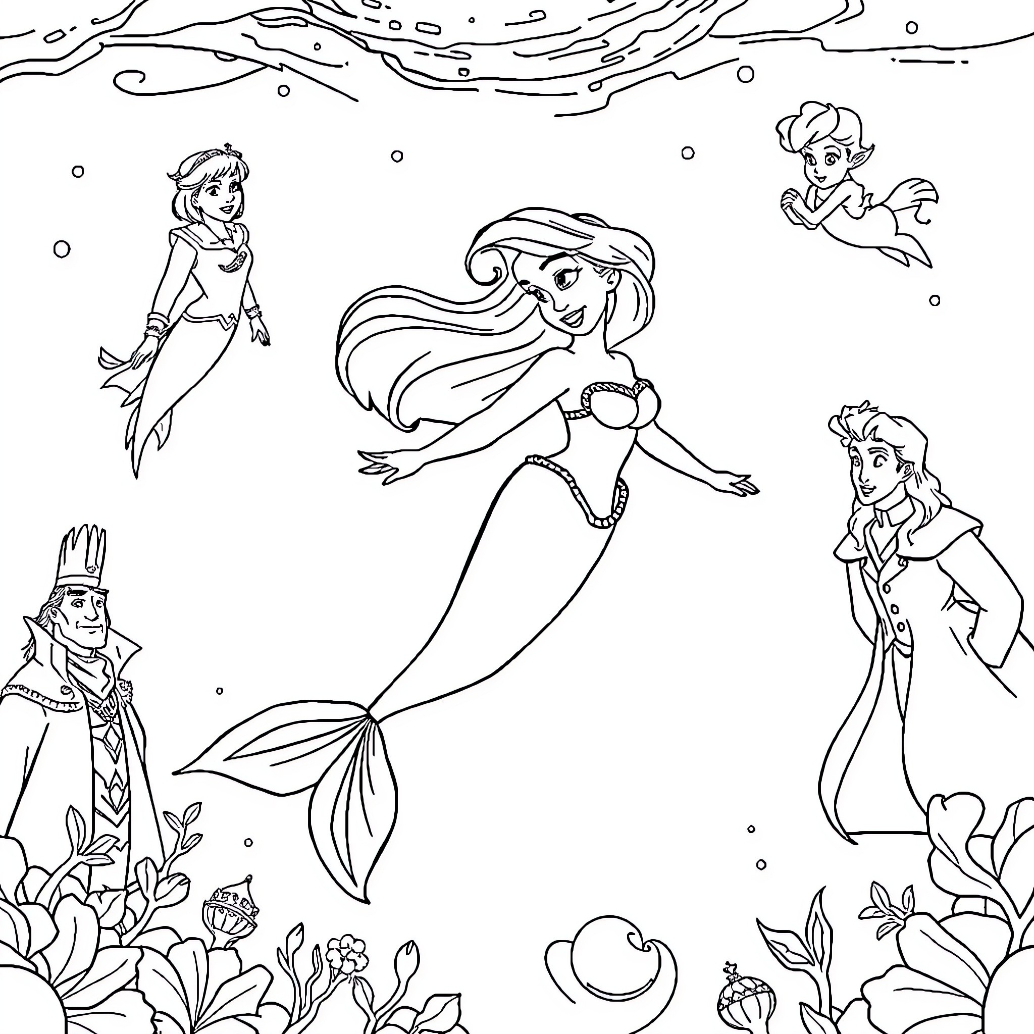 Little Mermaid characters in an underwater scene Coloring Page (free black-and-white line drawing printable PDF for all, from beginners to advanced learners, including children, teens, adults, and seniors)