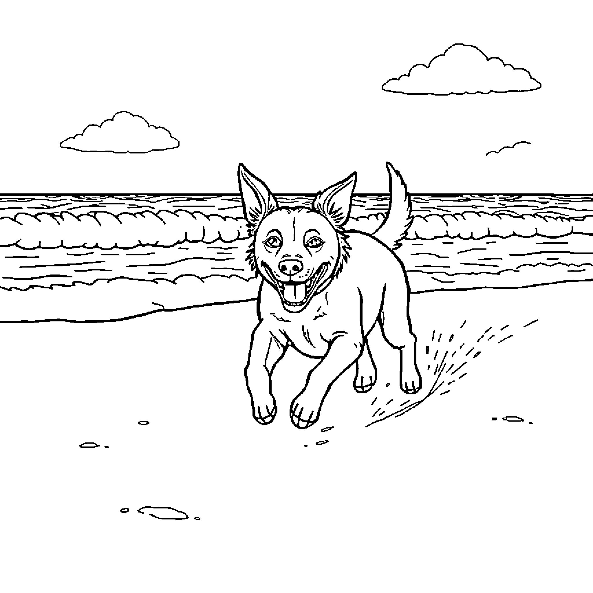Dog playing happily at the beach Coloring Page (free black-and-white line drawing printable PDF for all, from beginners to advanced learners, including children, teens, adults, and seniors)