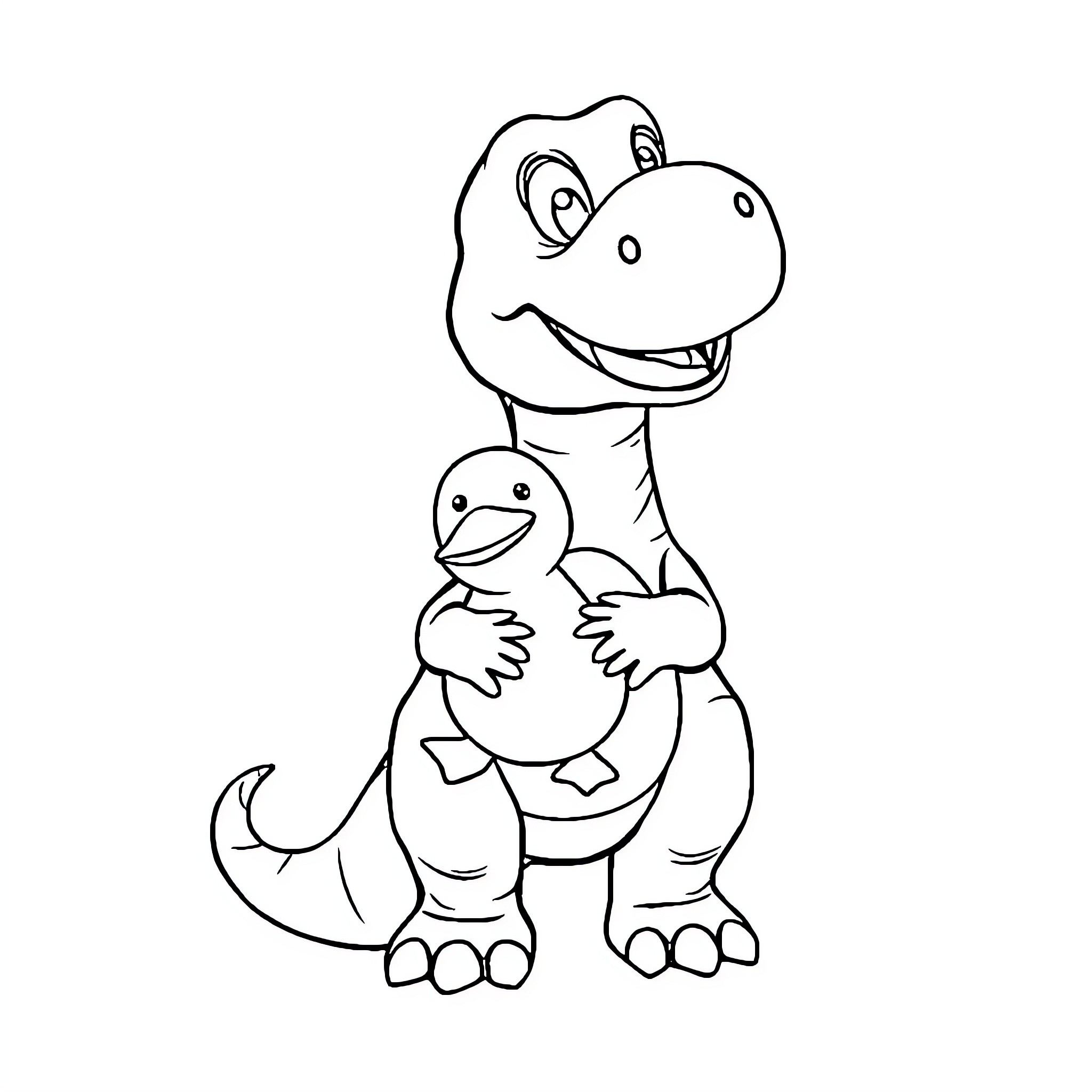 Dinosaur hugging a smaller dinosaur friend Coloring Page (free black-and-white line drawing printable PDF for all, from beginners to advanced learners, including children, teens, adults, and seniors)